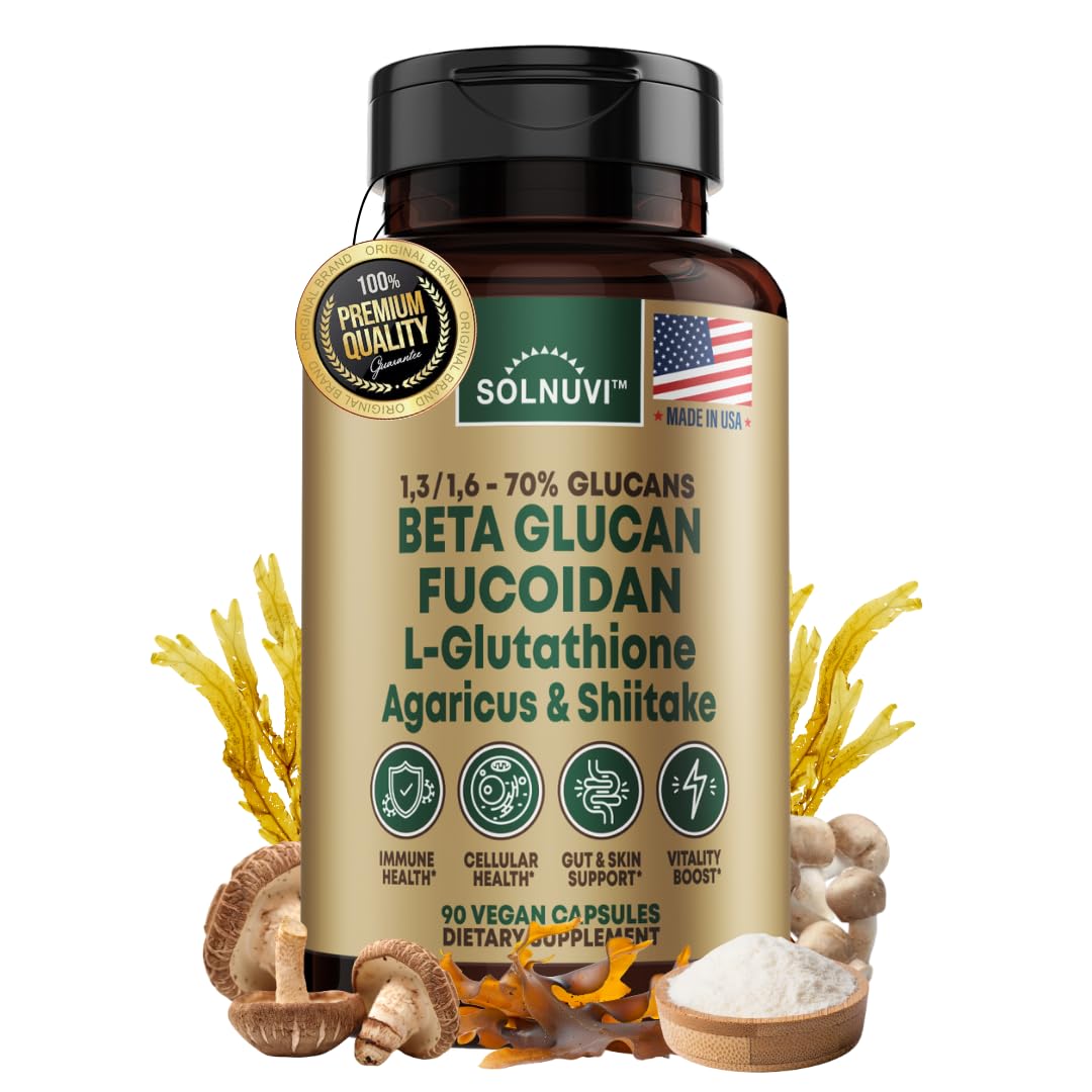 SOLNUVI Beta Glucan & Fucoidan Brown Seaweed Extract - L Glutathione, Shiitake, Agaricus Blazei Mushroom, Vitamin C - Immune, Cellular, Healthy Aging Support 90 Capsules
