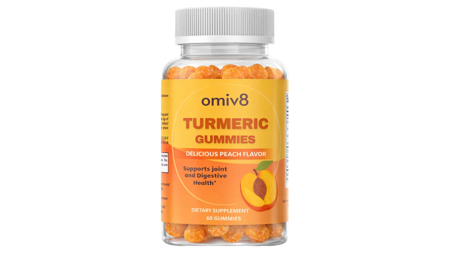 OMIV8 Turmeric Gummies with Ginger & Black Pepper – 250 mg Curcumin Extract for Joint Support & Digestion – Peach Flavor, 60 Gummies