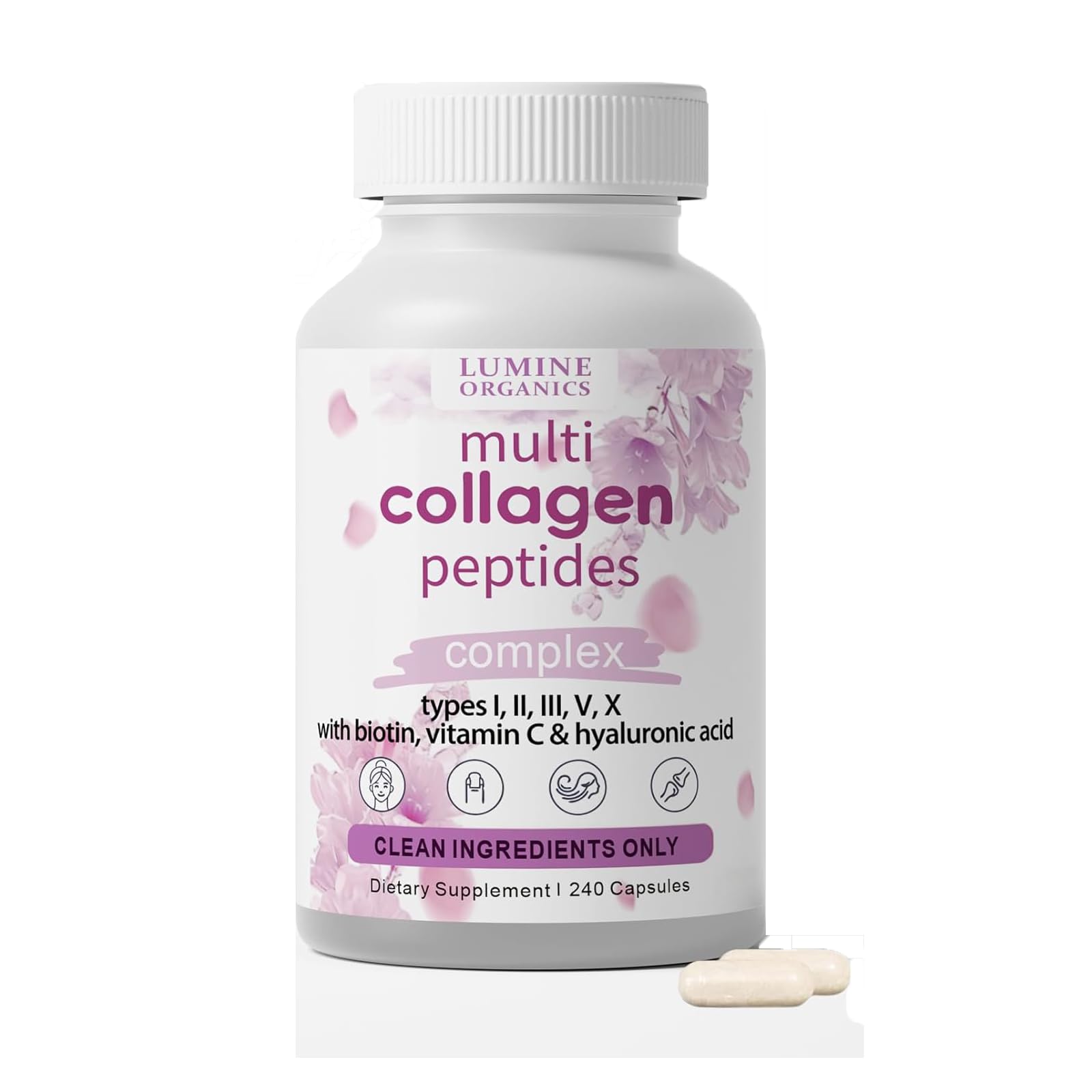 ETUIH Lumine Organics Collagen, Hydrolyzed Collagen Peptides Capsules Type I, II, III, V, X with Biotin, Hyaluronic Acid, Vitamin C, 240 Capsules