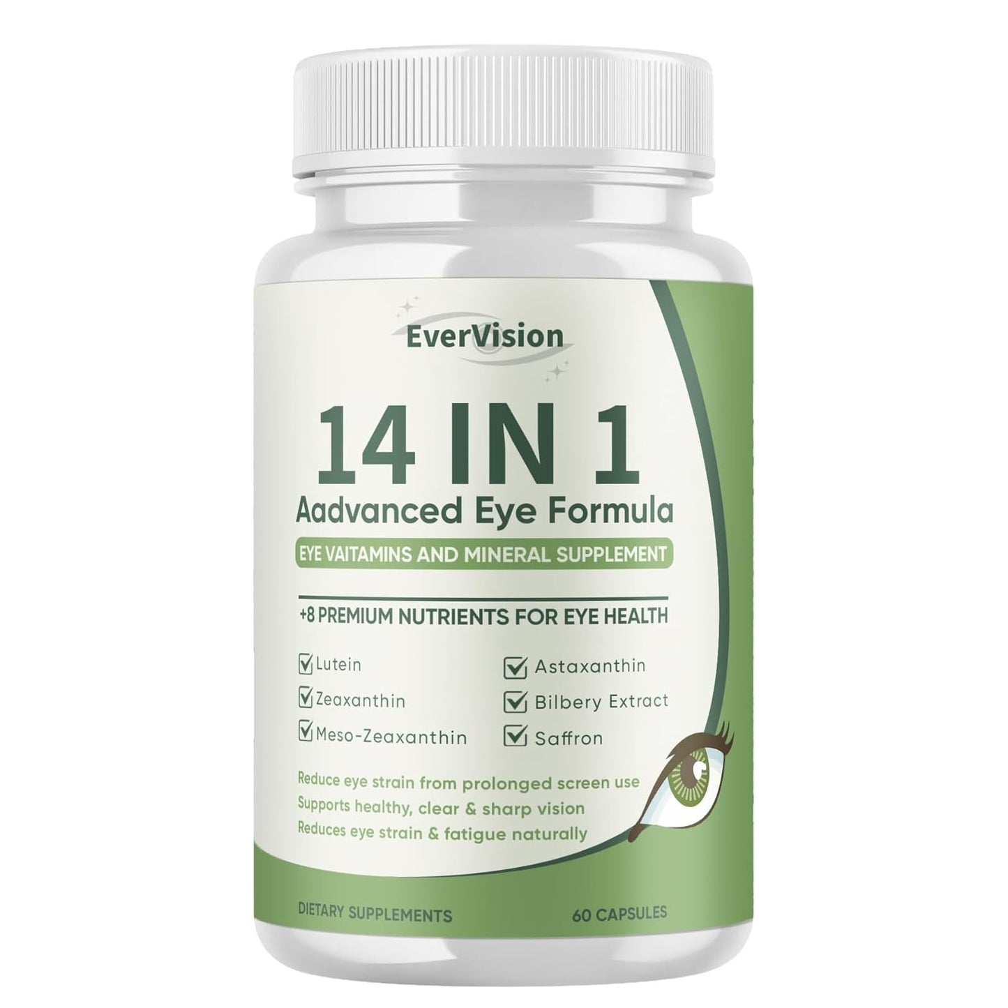 EVERVISION 14 in 1 Advanced Eye Formula - Eye Vitamins & Minerals Supplement with Lutein, Zeaxanthin, Astaxanthin, Bilberry, Zinc, 14-in-1 Formula for Eye Health Support 60 Capsules