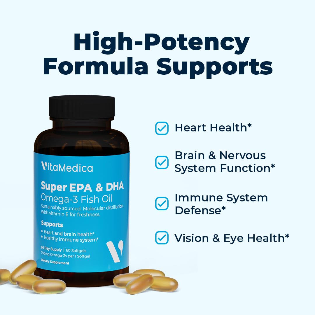VitaMedica High-Potency, Super EPA/DHA Fish Oil 750mg of Essential Omega-3 Fatty Acids EPA & DHA Heart Health, Brain Health, Immune System Health Softgels 60