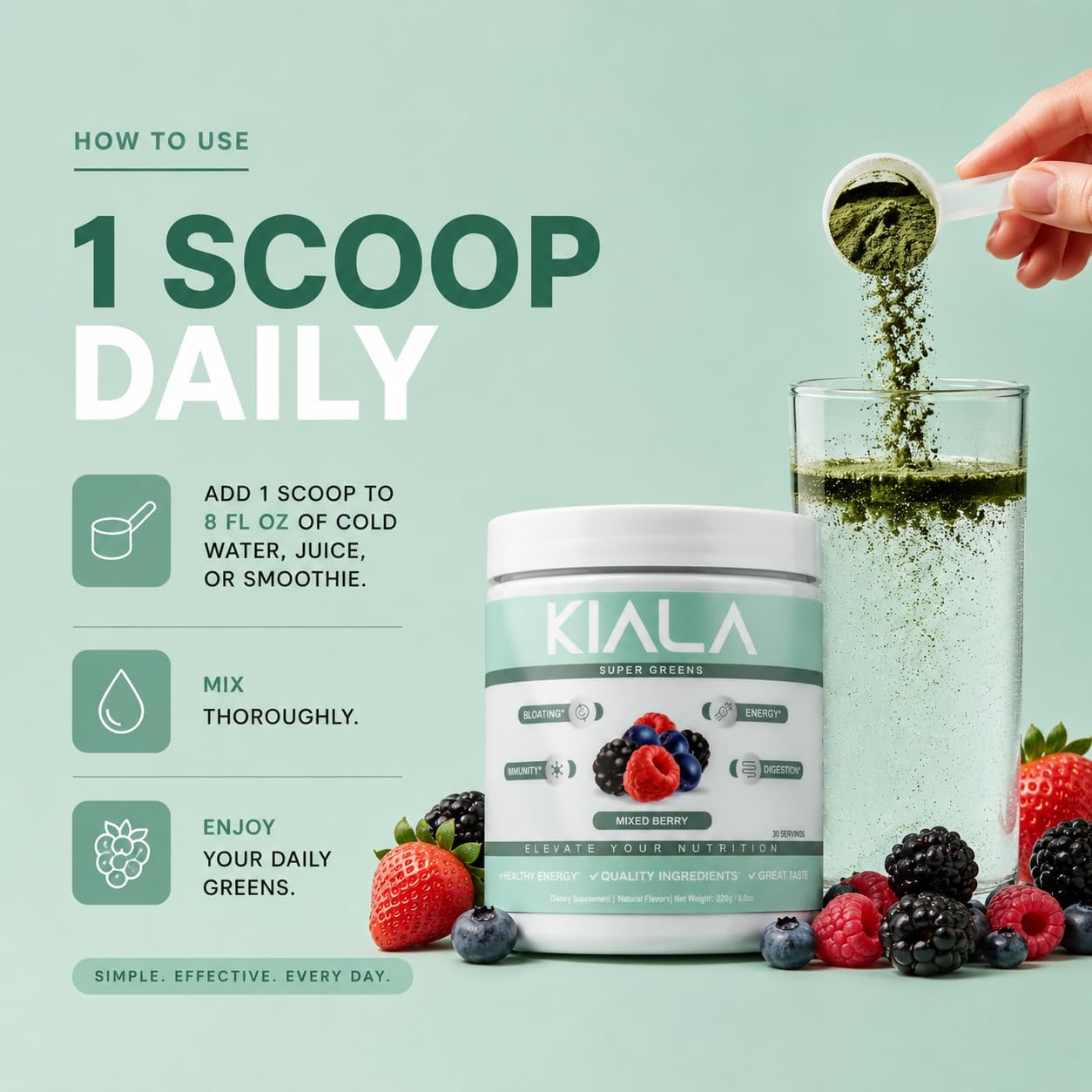 Kiala Nutrition Super Greens Powder with Spirulina & Chlorella for Digestion, Gut Health, Immunity, Adaptogens, Energy, Gluten Free, Vegan, Sugar Free, Mixed Berry, 8 oz