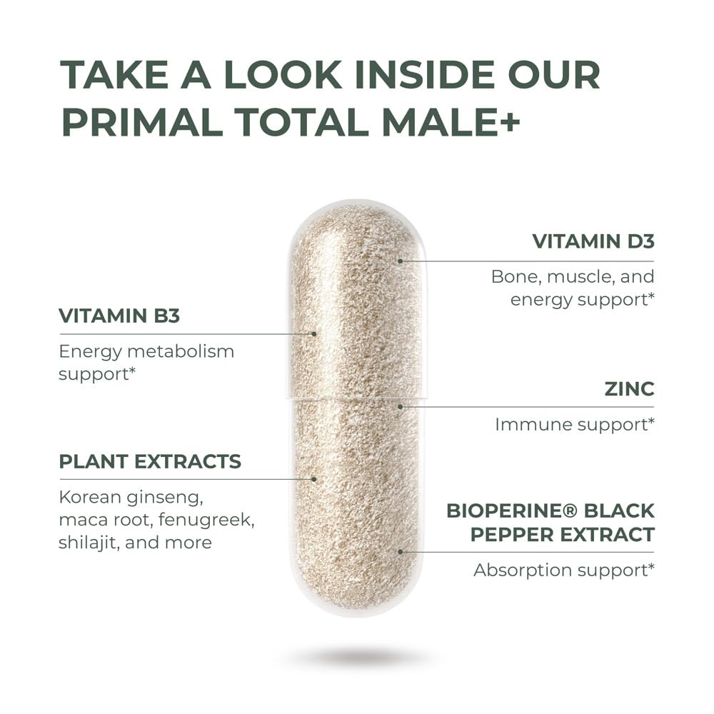 Primal Harvest Total Male+ Multivitamin for Men Vitamins, Minerals and Herbal Support for Energy, Vitality, Immune Health and Performance (1 Pack (90 Count))