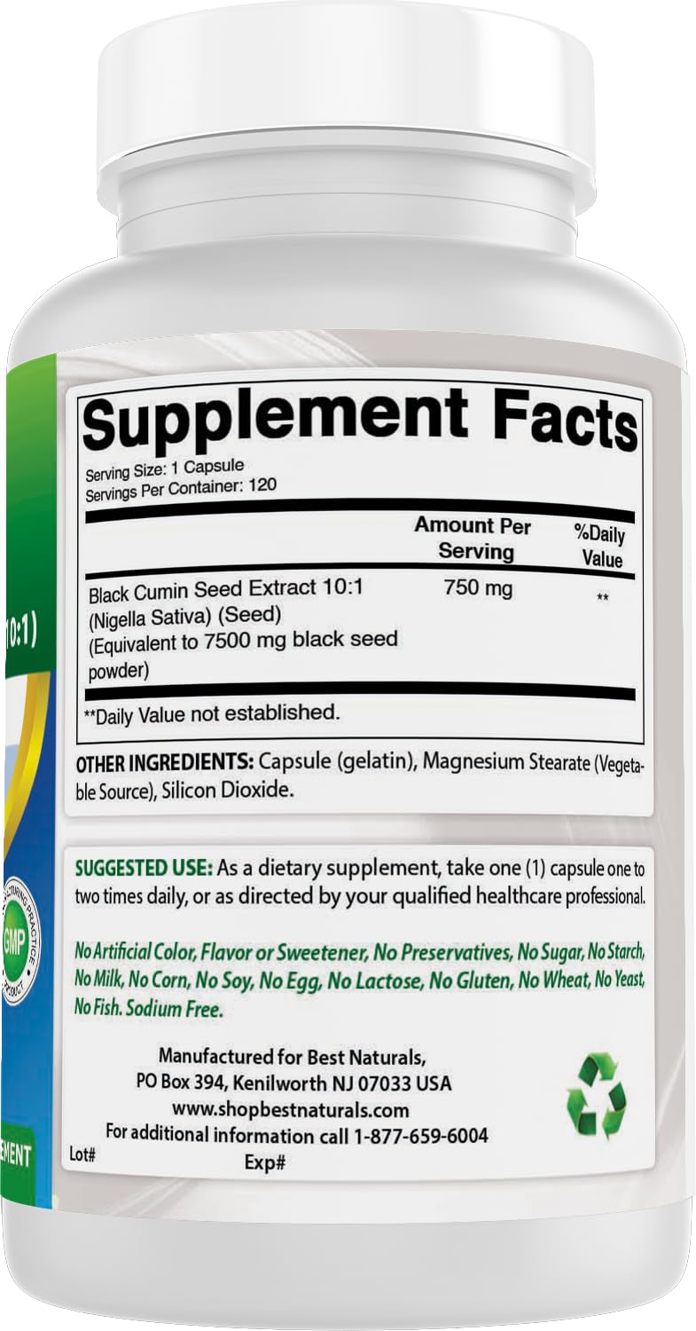 Best Naturals Black Seed (Black Cumin Seed Extract 10:1) 750 mg per Serving, 120 Capsules