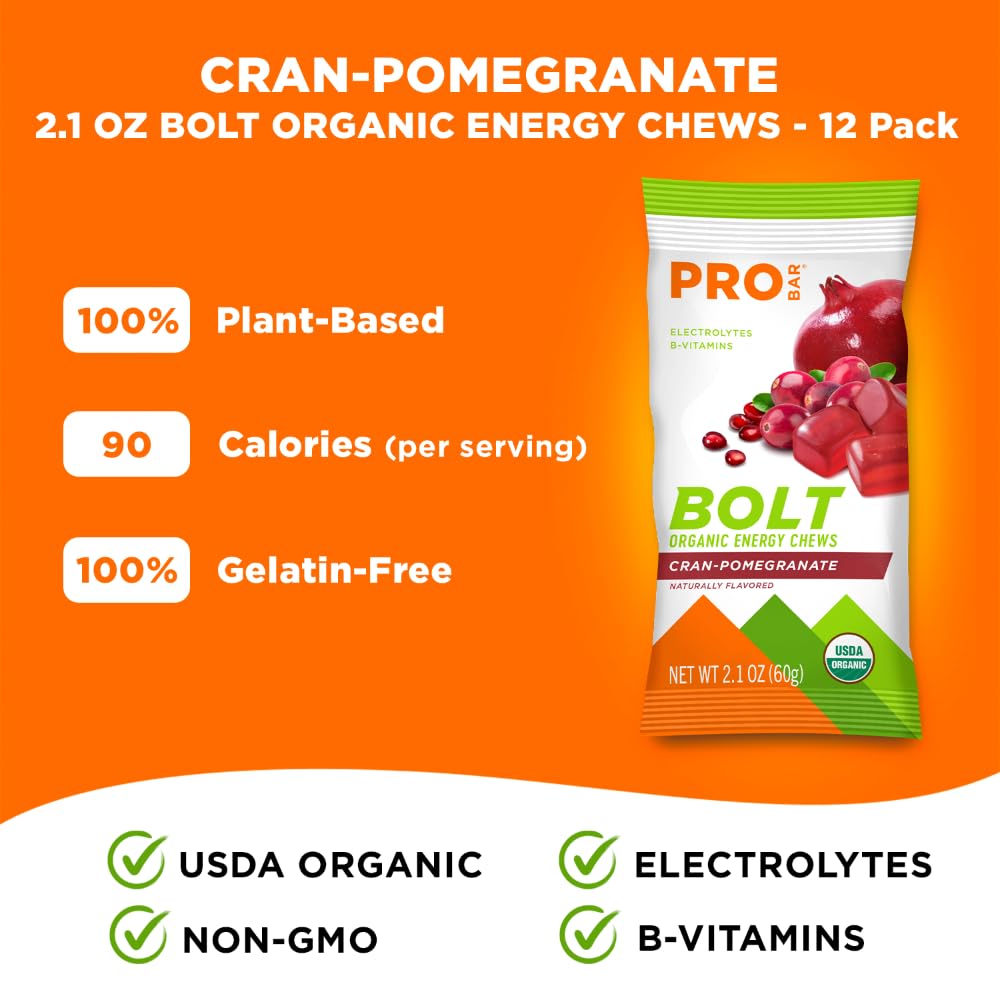 PROBAR Bolt Energy Chews for Running & Cycling Organic Sports Nutrition Gummies with Electrolytes & B Vitamins, Fast Carb Endurance Fuel, Vegan Gluten Free Non-GMO, Cranberry Pomegranate, 25.2 oz