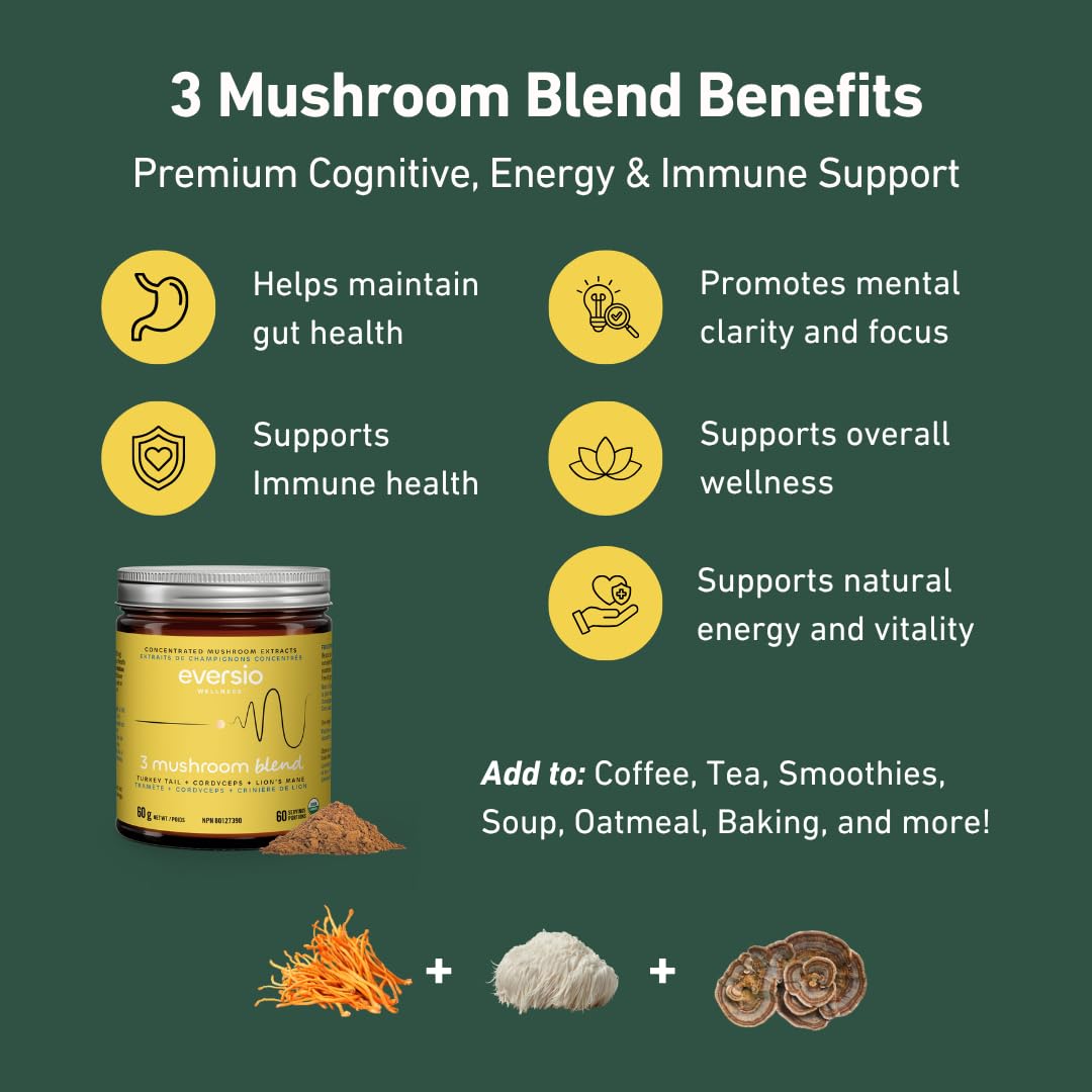 Eversio Wellness Organic 3 Mushroom Blend Complex Powder – Lion’s Mane, Cordyceps & Turkey Tail Fruiting Body Extract – Daily Wellness & Energy Support – 60 Servings