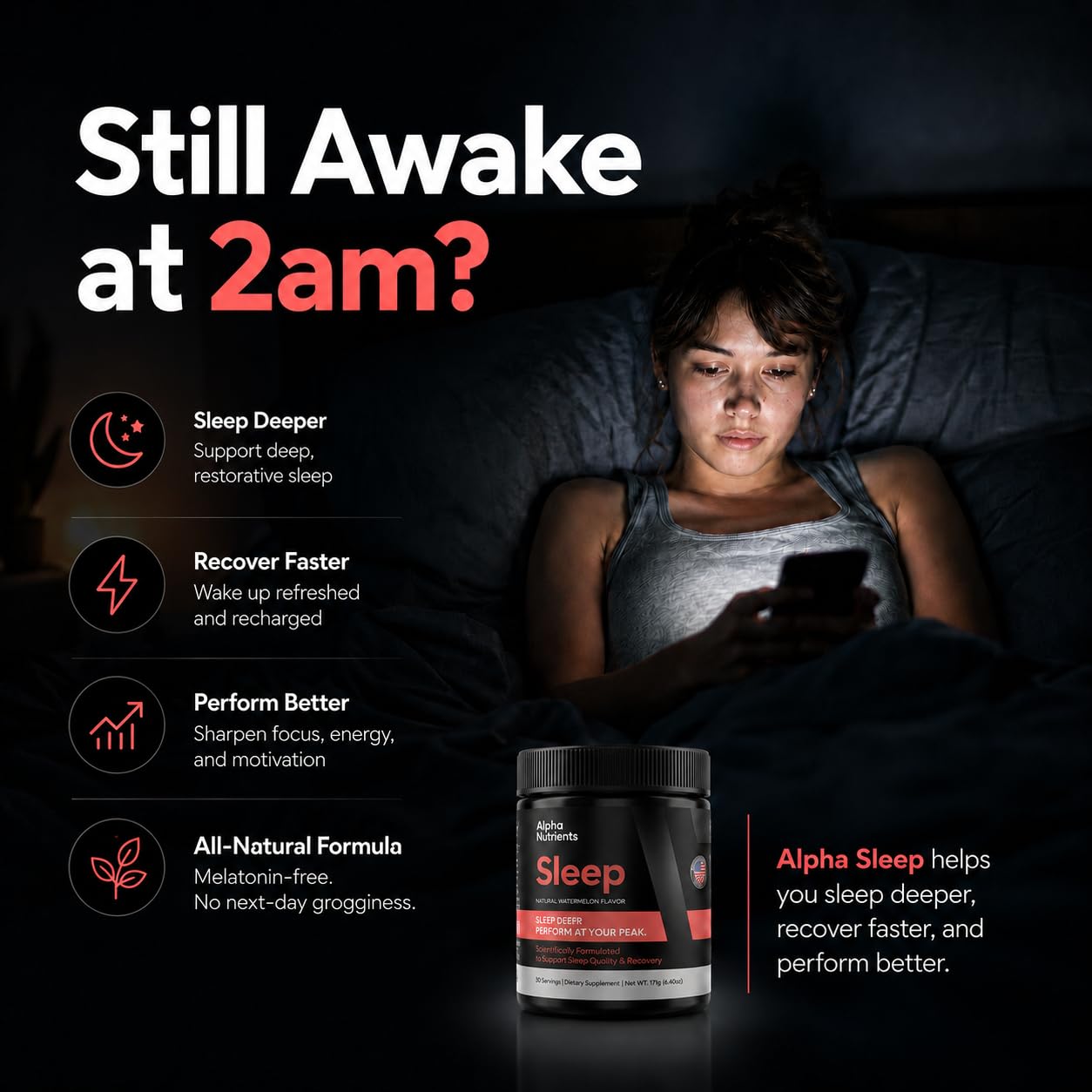 Alpha Nutrients Sleep Powder Magnesium Glycinate Glycine Powder for Sleep, L-Theanine and Inositol, Melatonin-Free Supplement for Adults, Natural Watermelon, 7 Ounce