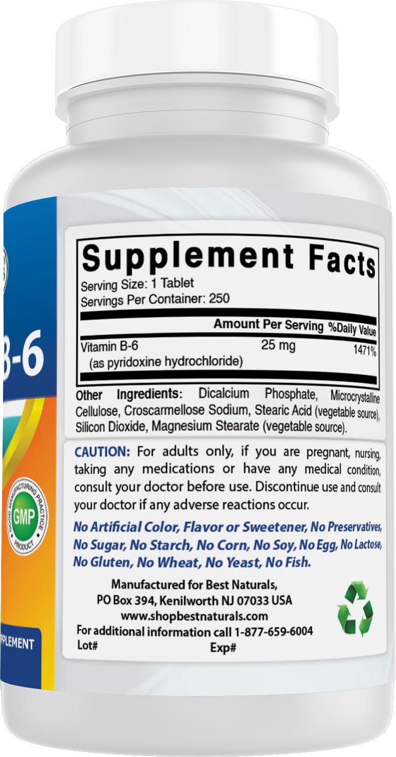 Best Naturals Vitamin B6 25mg, 500 Tablets