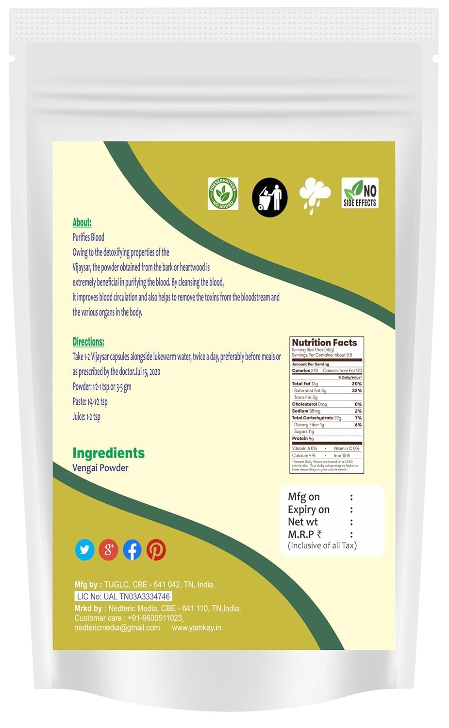 YAMKAY Vijaysar Vengai Bark Powder, 1 Ounce