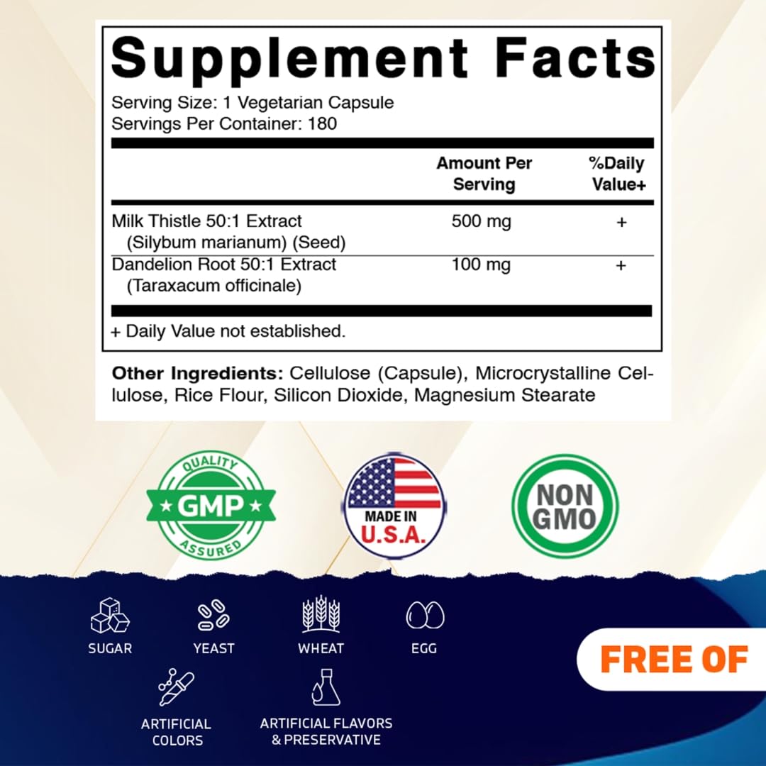 Vitamatic Milk Thistle with Dandelion Root 50:1 Plant-Based Botanical Extract Concentrated Herbal Capsules, 180 Count