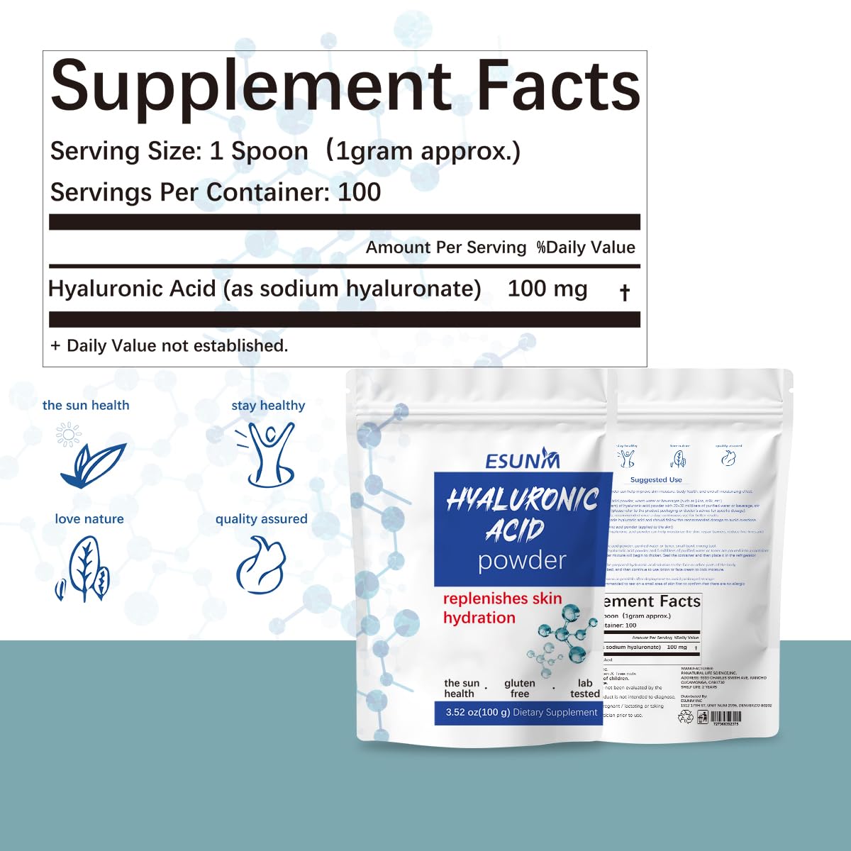 ESUNM Hyaluronic Acid Powder, 3.52 oz