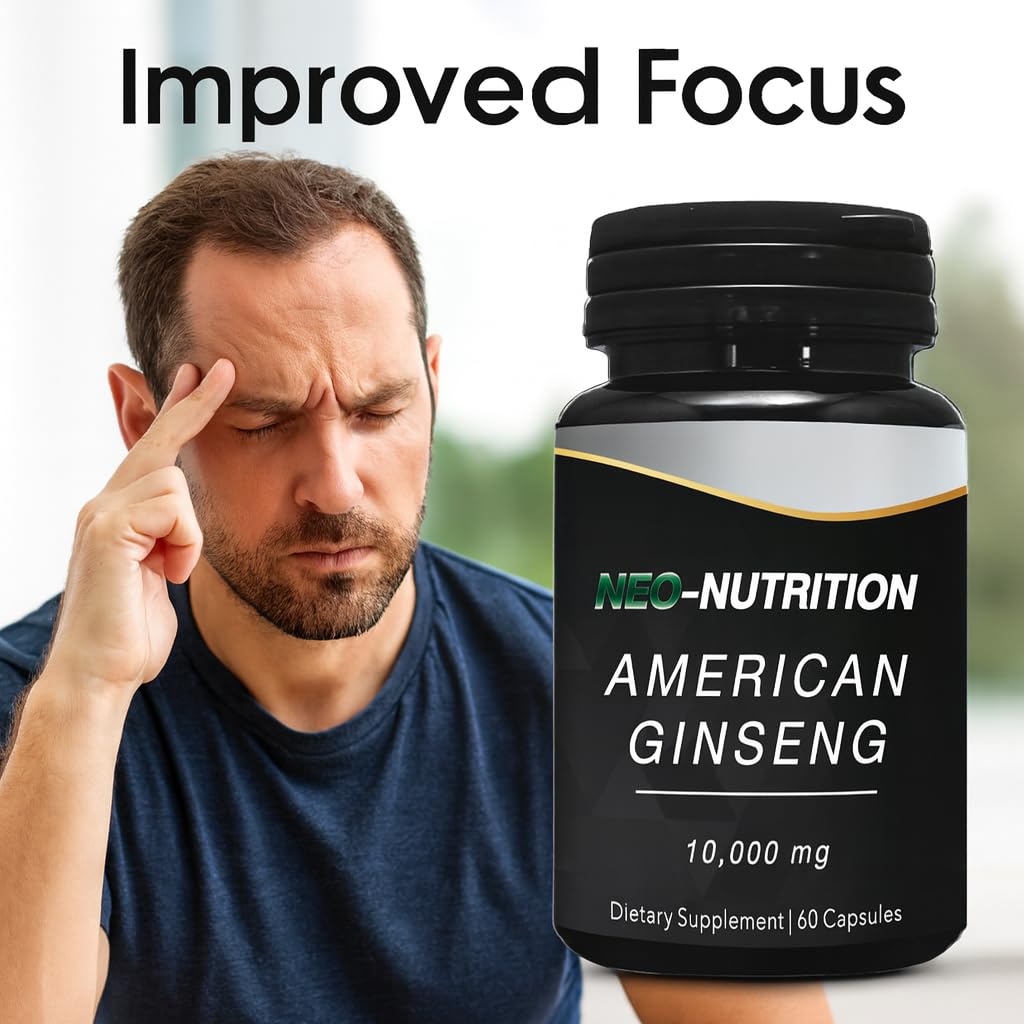 NEO-NUTRITION American Ginseng 10,000mg Ginseng Root Extract Capsules, 60 Capsules
