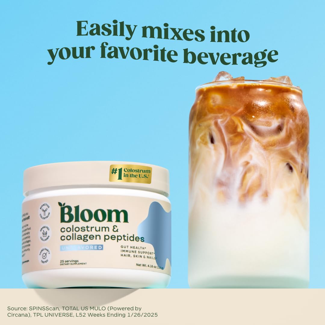 Bloom Nutrition Bovine Colostrum Powder with Vitamin B-12 for Gut Health, Immune Support, Hair Growth & Beauty Supplement, 25 Servings