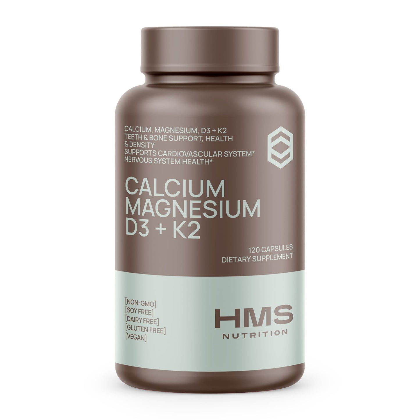 HMS Nutrition Calcium, Magnesium, Vitamin D3 + K2 for Bone Health & Immune Support for Women & Men, Non-GMO, Gluten-Free, 120 Capsules