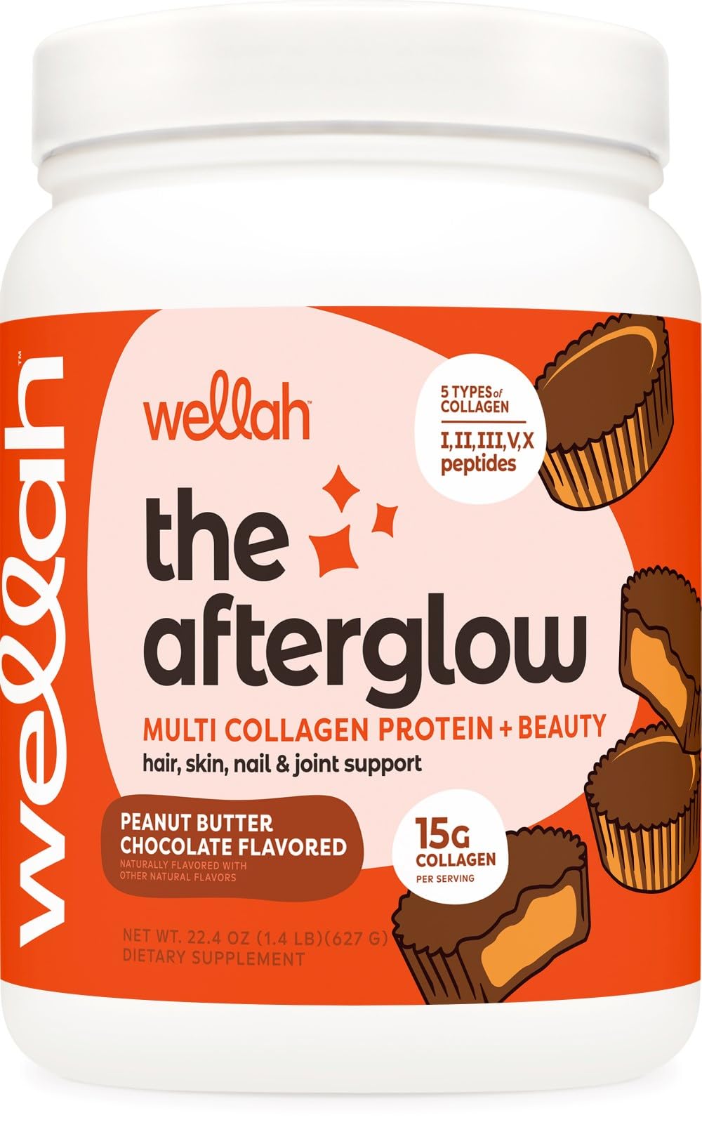 Wellah The Afterglow Multi Collagen Protein + Beauty (Peanut Butter Chocolate Flavored) Powder 22.4 oz