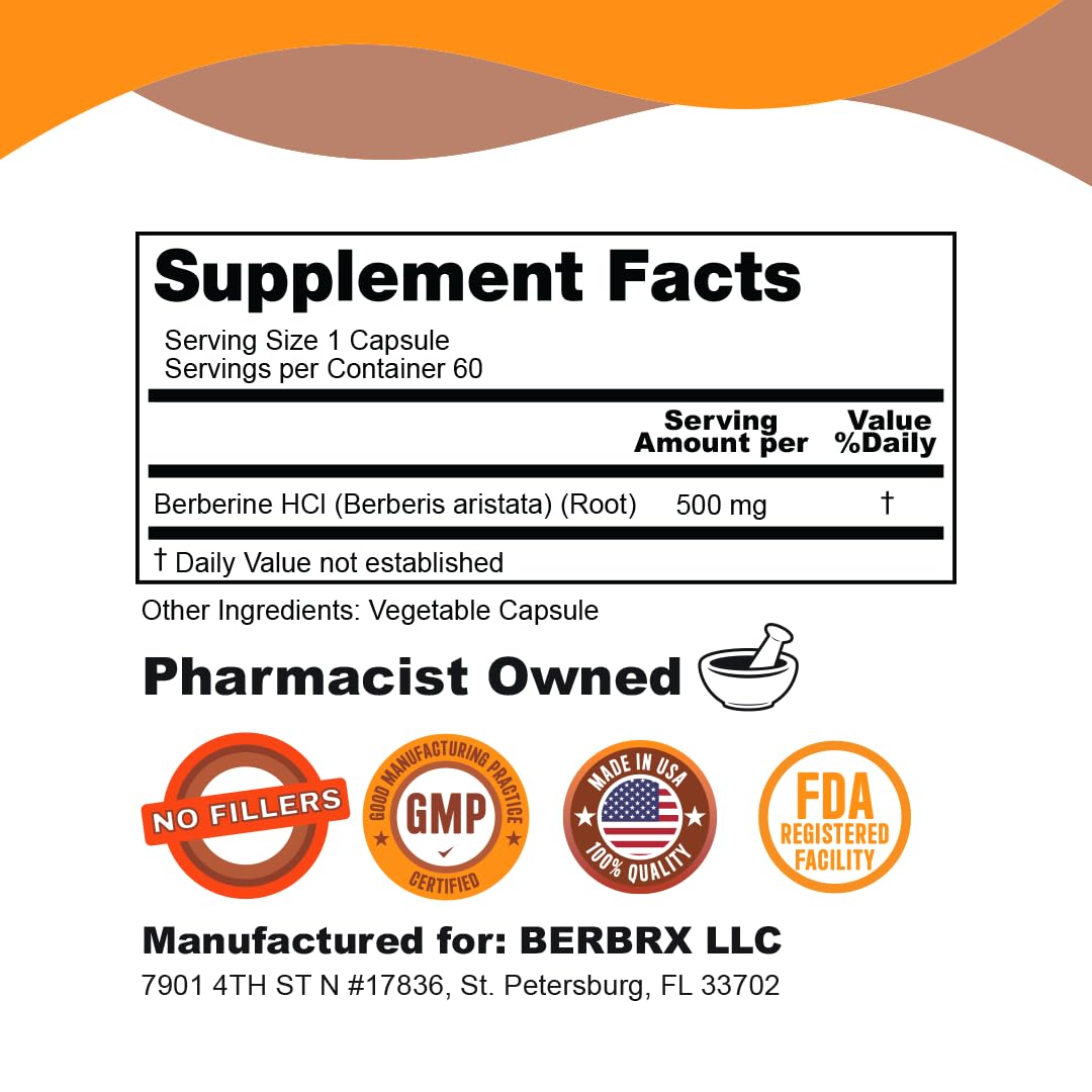 BerbRx Berberine HCl 1000mg Capsules, 60 Count