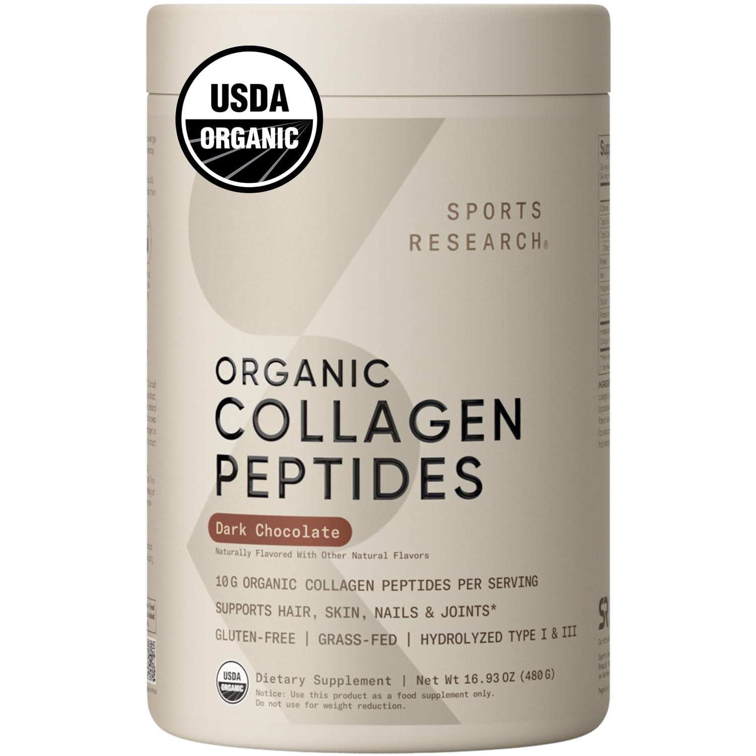 Sports Research Organic Collagen Peptides - Hydrolyzed Type I & III Collagen - Sustainable & Traceable Formula - Chocolate Powder 16.93