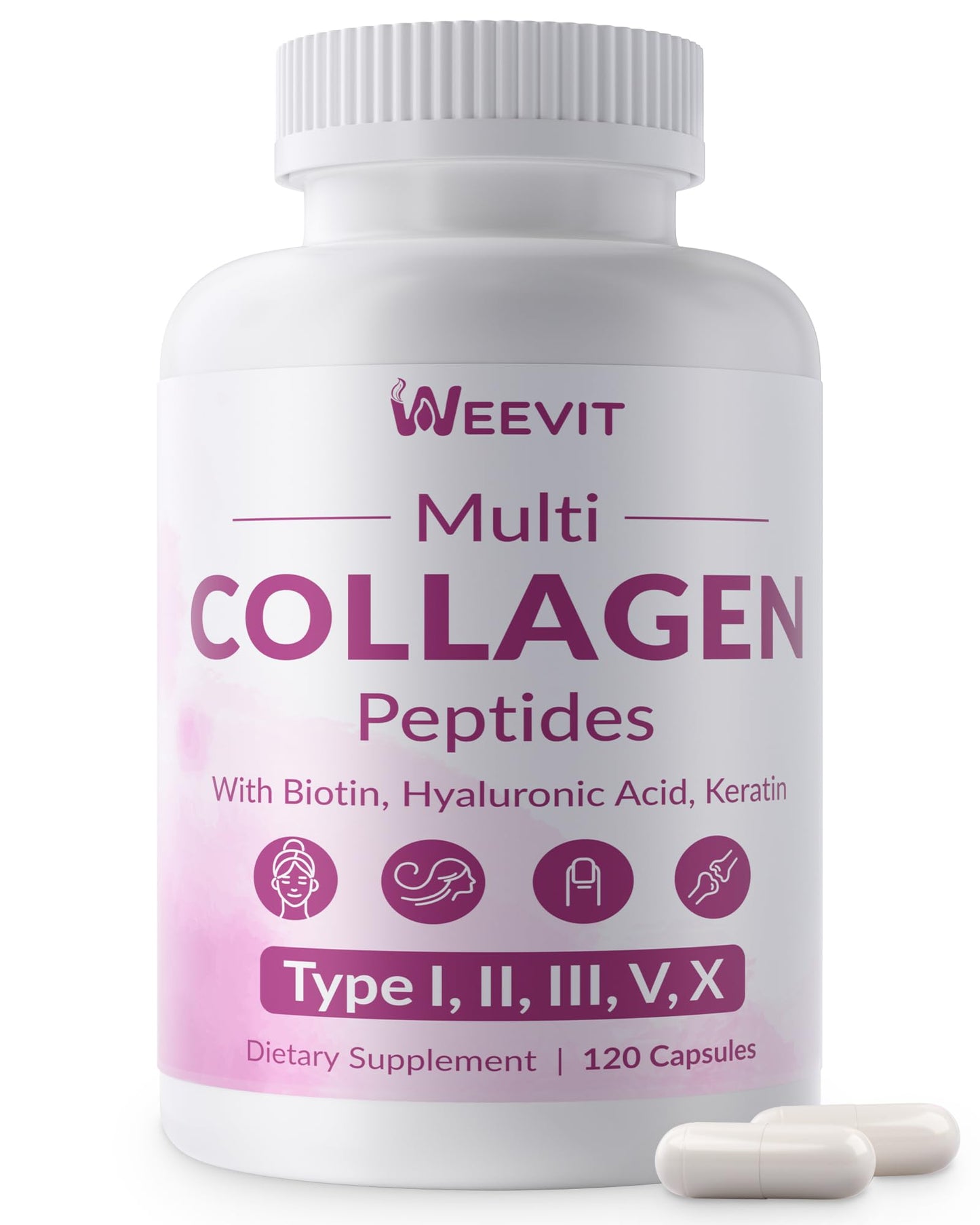WEEVIT Collagen Peptides for Women, 1500mg Hydrolyzed Collagen Capsule, 120 Count
