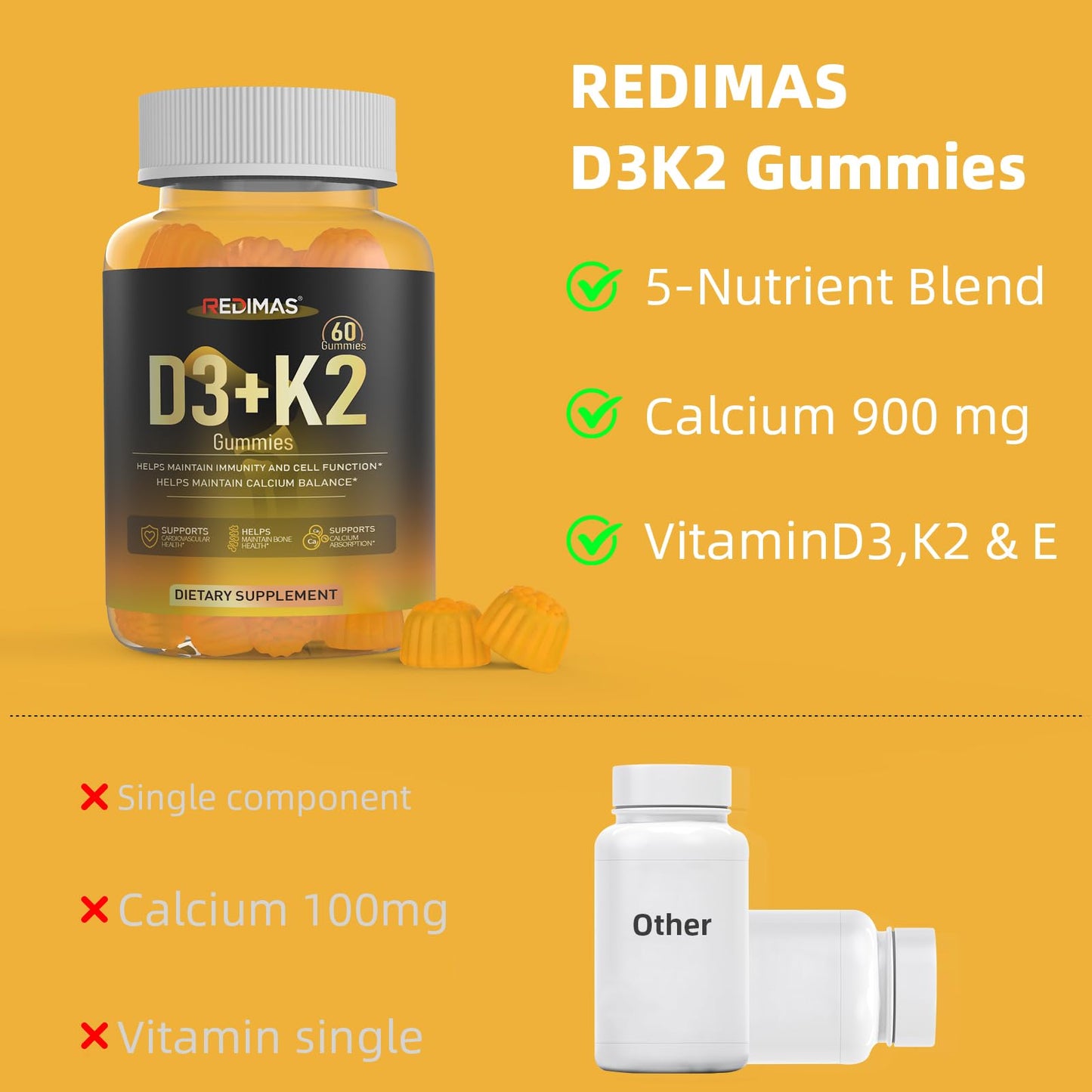 Redimas Calcium Gummies with Vitamin D3, K2 and Vitamin E, Chewable Calcium and Magnesium Supplement with Multi-Vitamin Complex, 60 Gummies