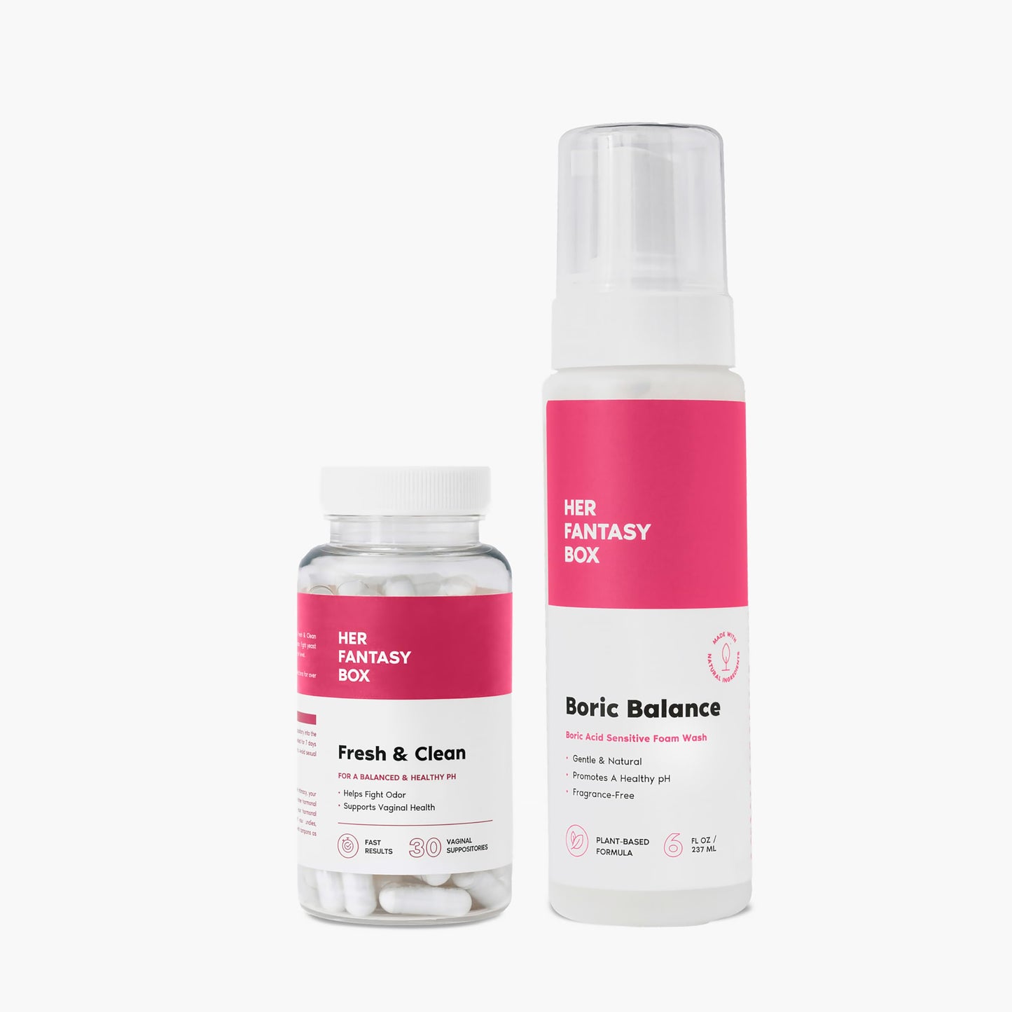 Her Fantasy Box Fresh & Clean Kit - Boric Acid Vaginal Wash & Suppository Duo, Capsule & Foam, 2-Count