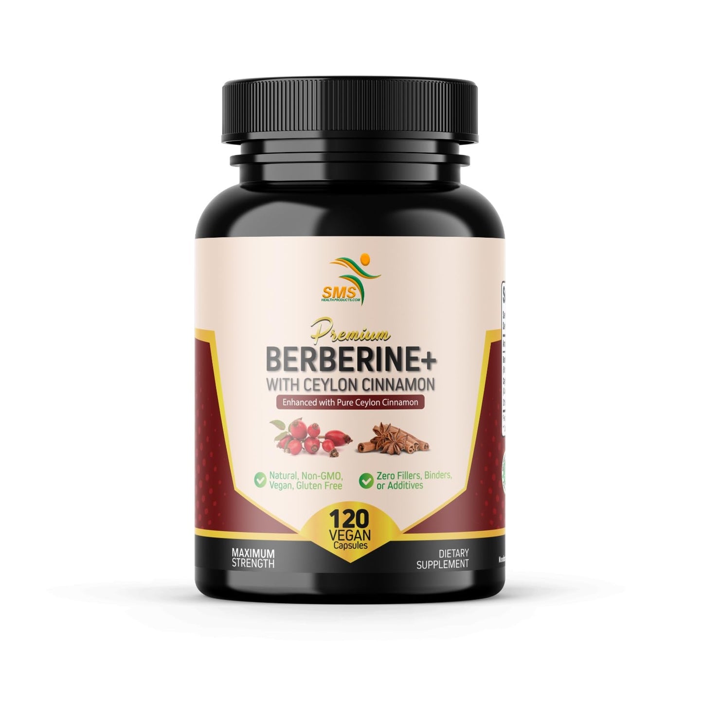 SMSHEALTHPRODUCTS.com Premium Berberine HCL 1200mg, True Ceylon Cinnamon, 120 Capsules