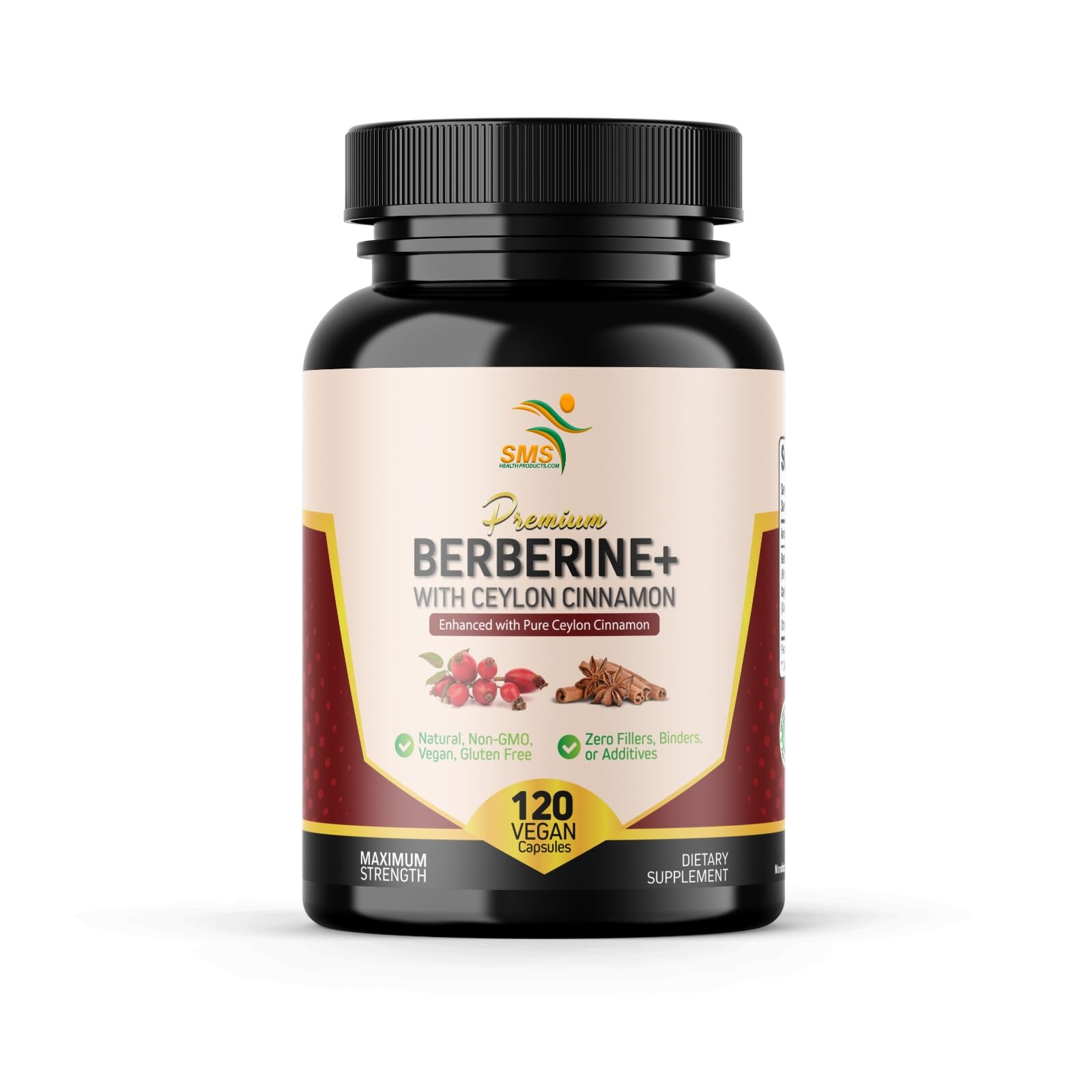 SMSHEALTHPRODUCTS.com Premium Berberine HCL 1200mg, True Ceylon Cinnamon, 120 Capsules