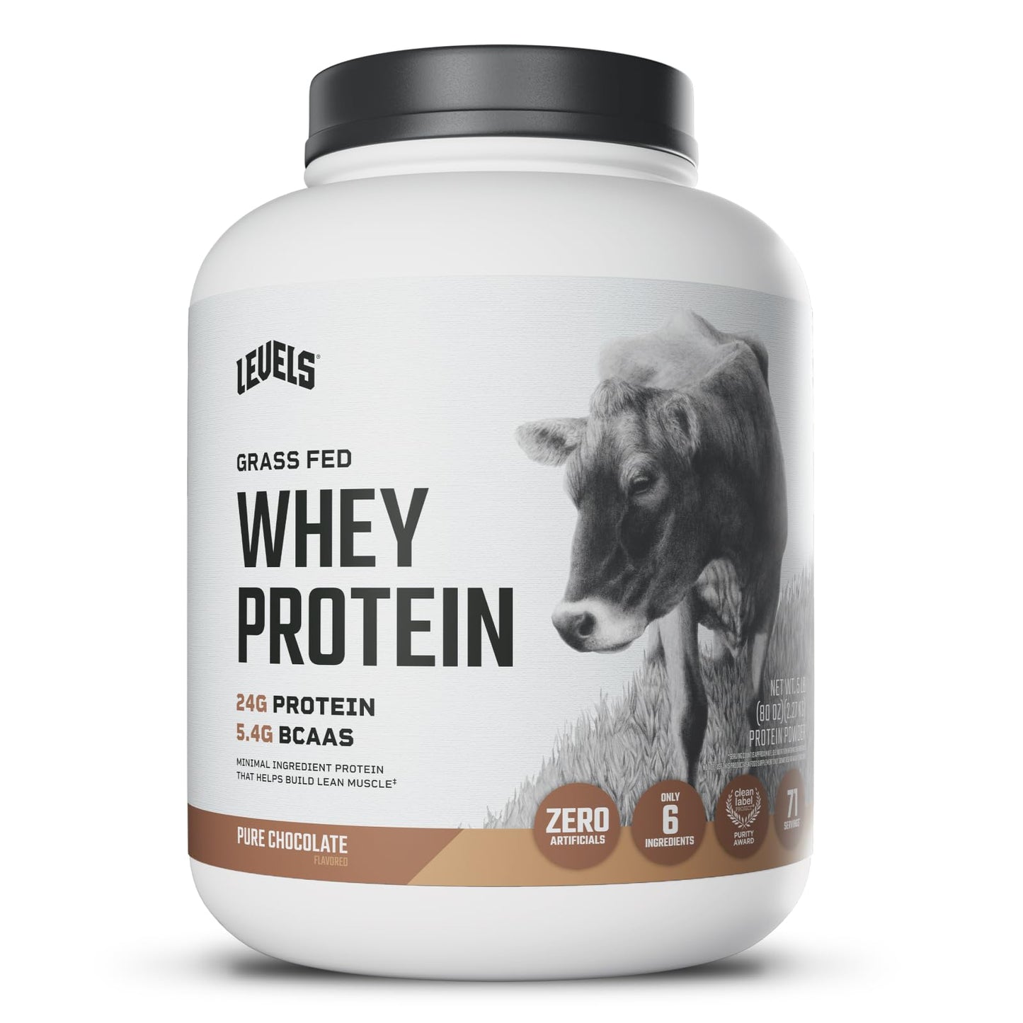 Levels Nutrition Grass Fed Whey Protein Powder 80 Servings Pure Chocolate, 5 lb