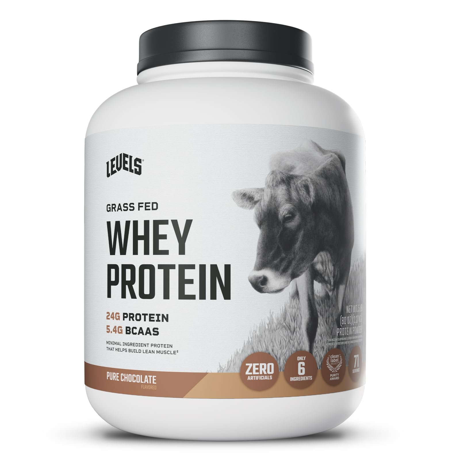 Levels Nutrition Grass Fed Whey Protein Powder 80 Servings Pure Chocolate, 5 lb