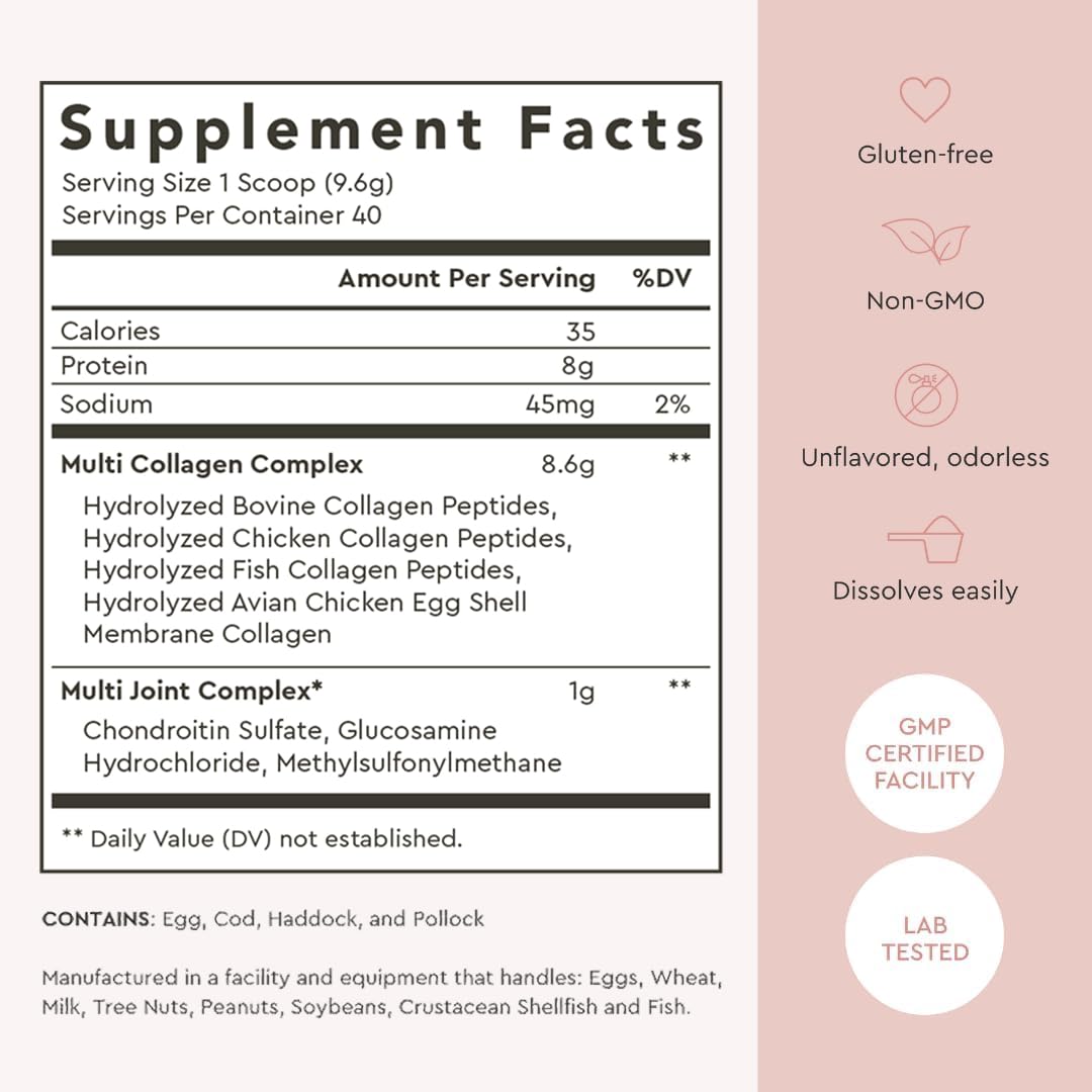 Alaya Naturals Multi Collagen Powder - Type I, II, III, V, X Hydrolyzed Collagen Peptides Protein Powder Supplement with MSM + GC (Unflavored) - NSF Certified, 13.55 Ounce
