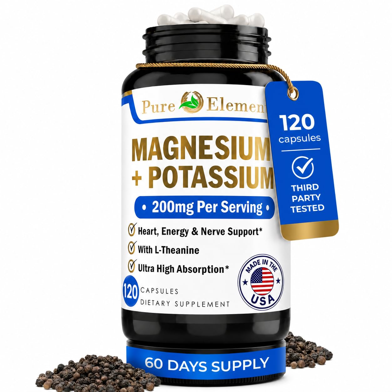 Pure Organic Elements Magnesium Glycinate with Potassium, L-Theanine 120 Capsules