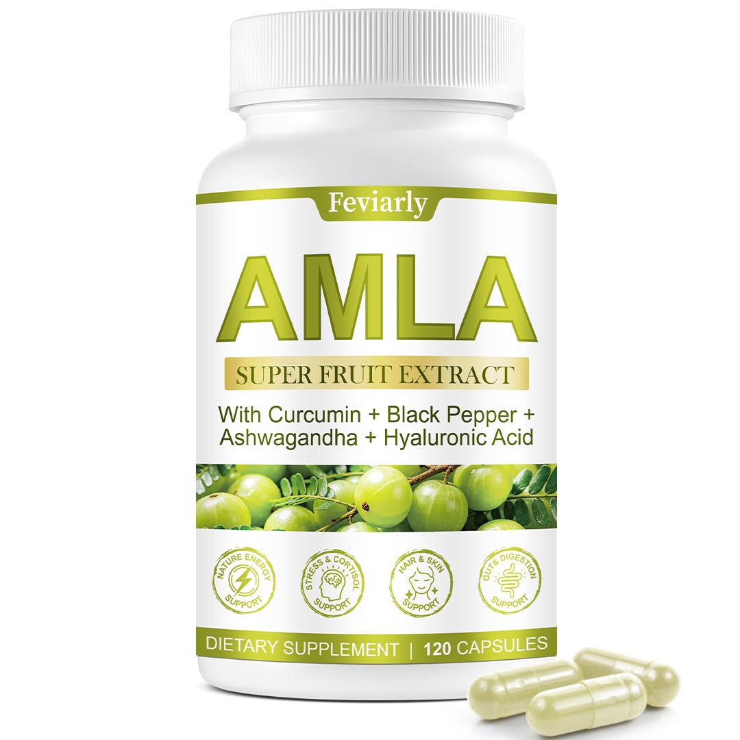 Feviarly Amla Capsules 1500mg - Indian Gooseberry Amla Fruit Supplement - Premium Formula with Curcumin, Black Pepper, Ashwagandha, Probiotic & Hyaluronic Acid, 60 Capsules