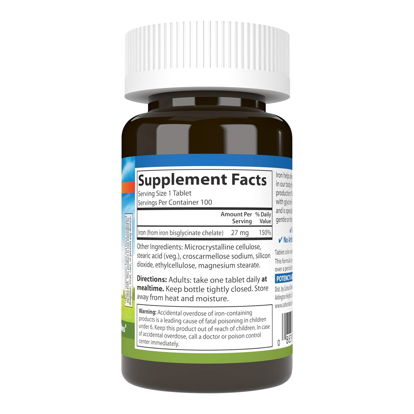 Carlson Chelated Iron 27 mg Superior Absorption, Blood Health, Energy Utilization & Optimal Wellness Tablets, 100 Count