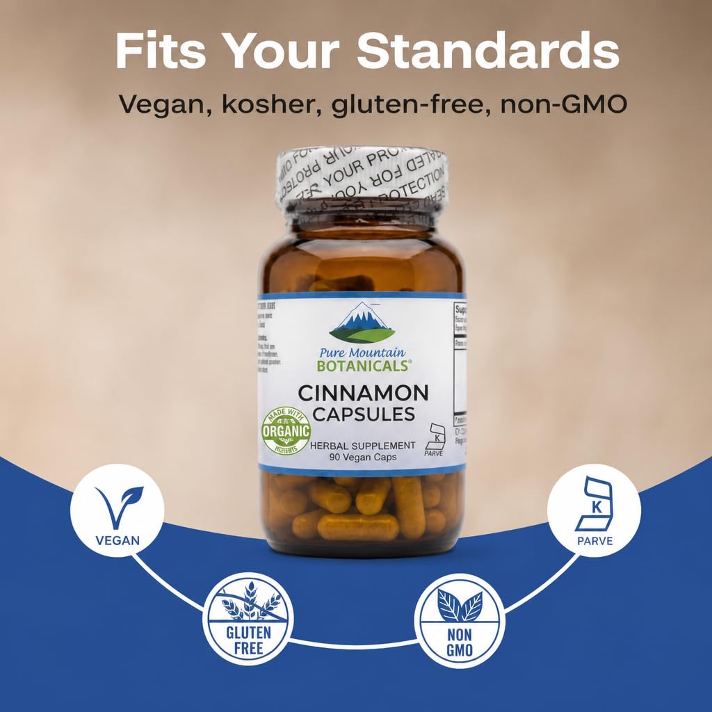 Pure Mountain Botanicals Cinnamon Capsules 1000mg Organic Cassia Cinnamon Bark, 90 Capsules