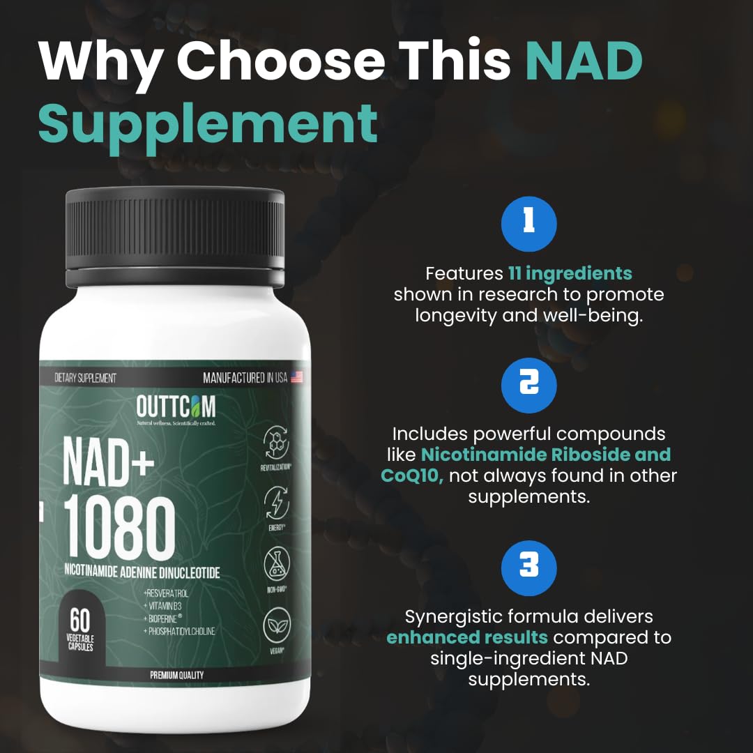 Outtcom NAD+ Supplement with Resveratrol, B12, Phosphatidylcholine & Bioperine, 180 Capsules
