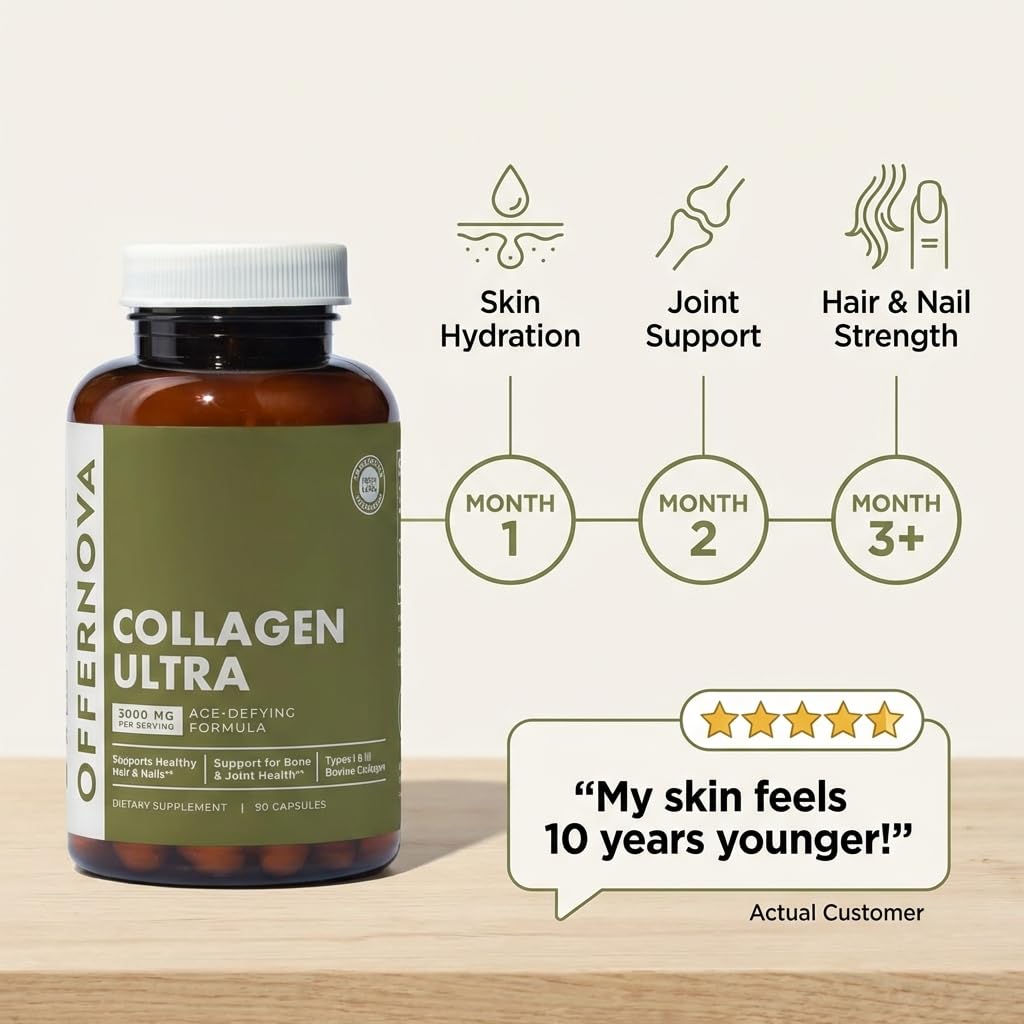 Offernova Collagen Ultra Hydrolyzed Collagen Supplements - 3000mg Anti Aging Bovine Collagen Peptides for Healthy Joints, Bones, Hair and Skin Capsules, 90 Count