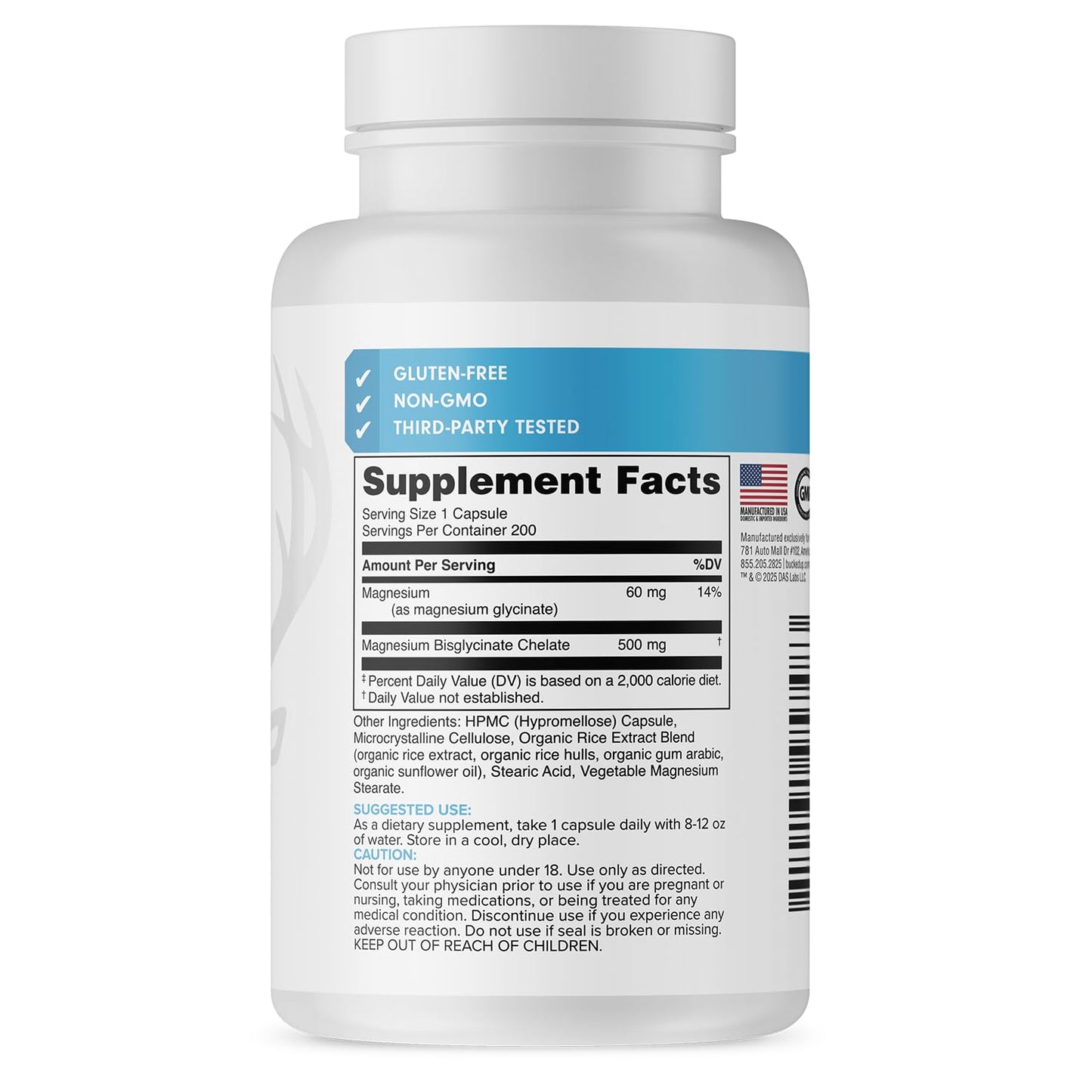 Bucked Up Magnesium Glycinate 500mg Capsules, 200 Count