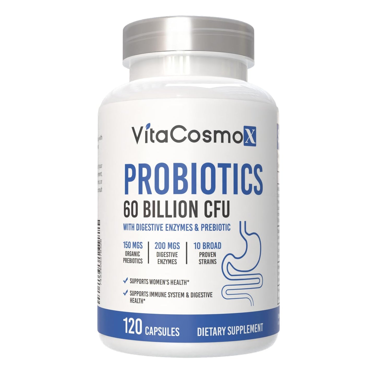 VitaCosmoX Probiotic 60 Billion CFU with Prebiotics and Enzymes, Capsule, 1 Count, 100% Vegetarian, Non-GMO & Gluten Free