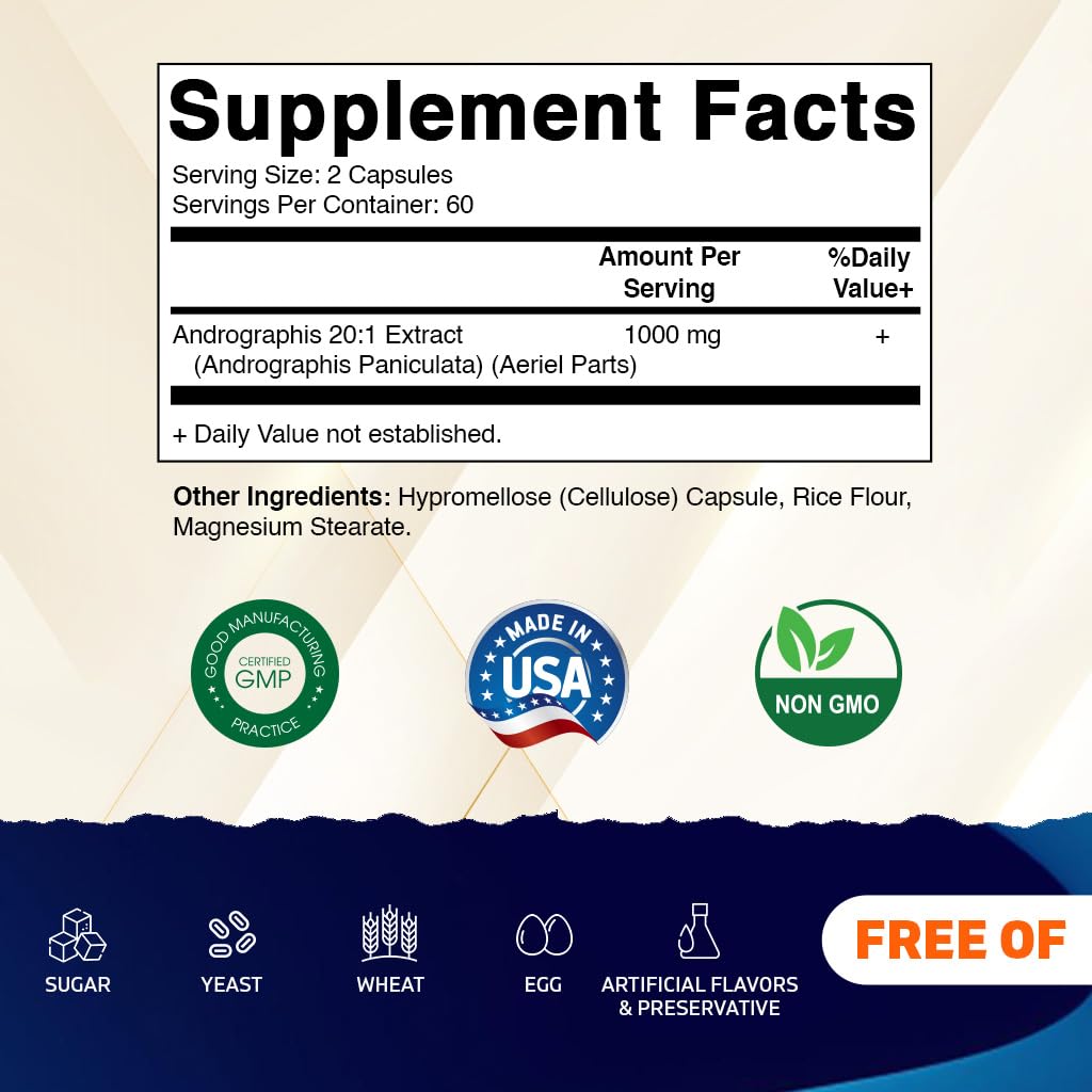 Vitamatic Andrographis Extract 1000 mg Per Serving Veg Capsules, 120 Count
