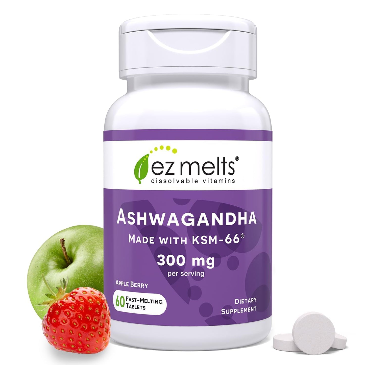 EZ Melts KSM-66 Ashwagandha Tablets, 300 mg, 60 Tablets
