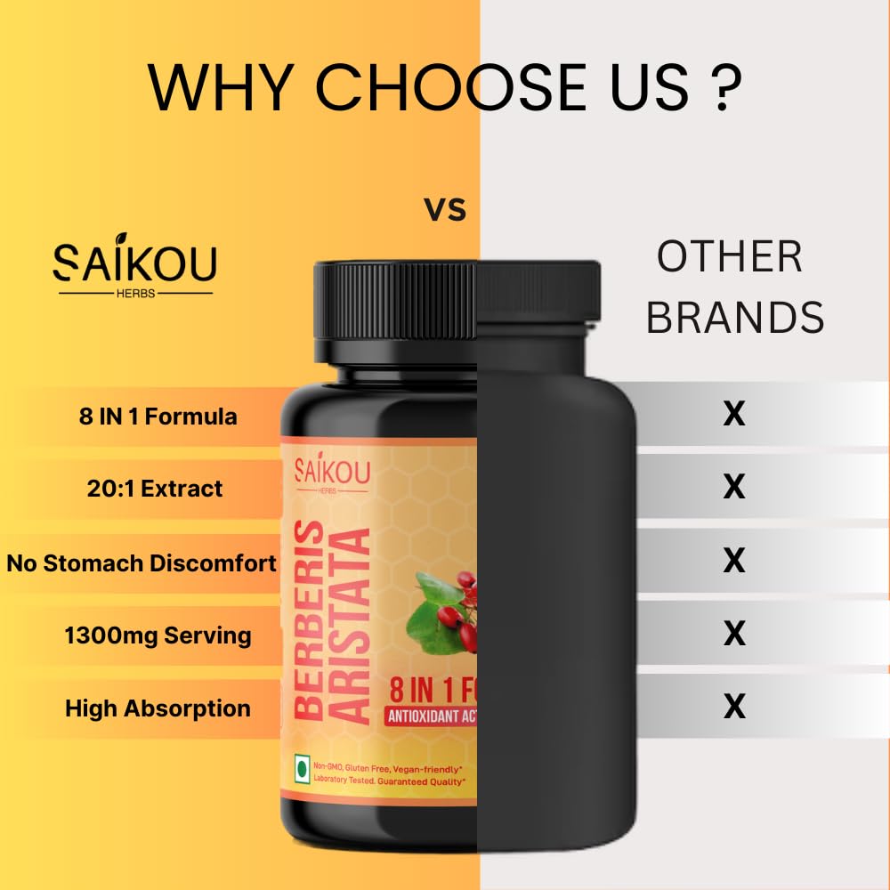 SAIKOU HERBS Berberine HCL Extract 1300mg with Milk Thistle, Ceylon Cinnamon, Gymnema Sylvestre & Turmeric Capsules, 60-count
