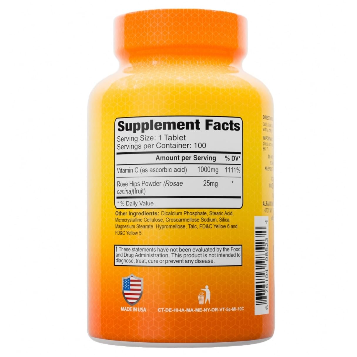 ALFA VITAMINS Vitamin C with Rose Hips 1000 mg Vitamin C per Serving Tablet, 100 Tablets