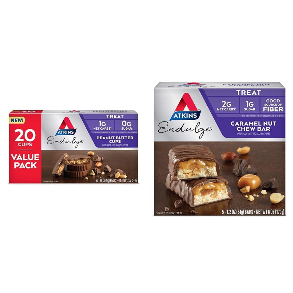 Atkins Endulge Peanut Butter Cups, 20 Count & Endulge Caramel Nut Chew Bar, 5 Count