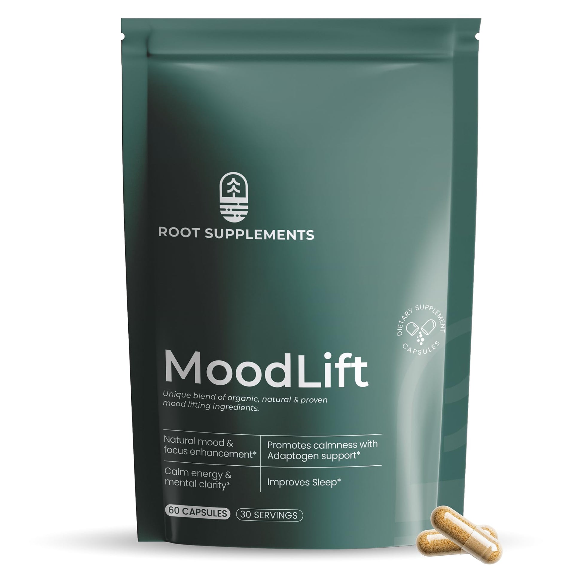 Root Supplements MoodLift Natural Mood Support Supplement - Dopamine & Adaptogen Blend with Mucuna Pruriens, Shatavari, Rhodiola Rosea & Matcha - Promotes Emotional Balance, Focus & Stress Relief 60 Capsules