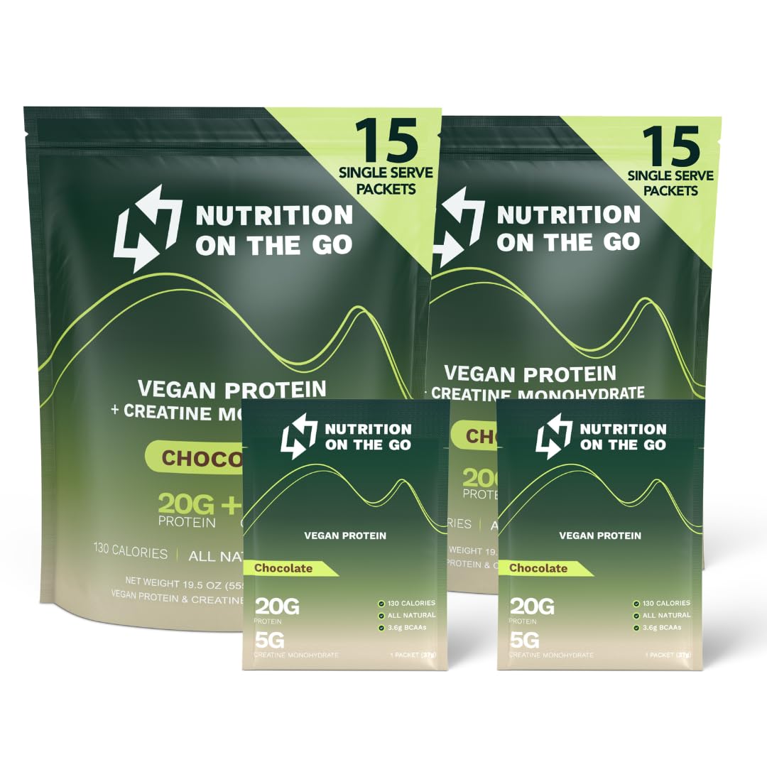 Nutrition On The Go Vegan Protein Powder Packets with Creatine, 20g Plant Proteins + 5g Creatine, Single-Serve Travel Protein Powder, All-Natural, Gluten-Free, Chocolate, 39 Packets