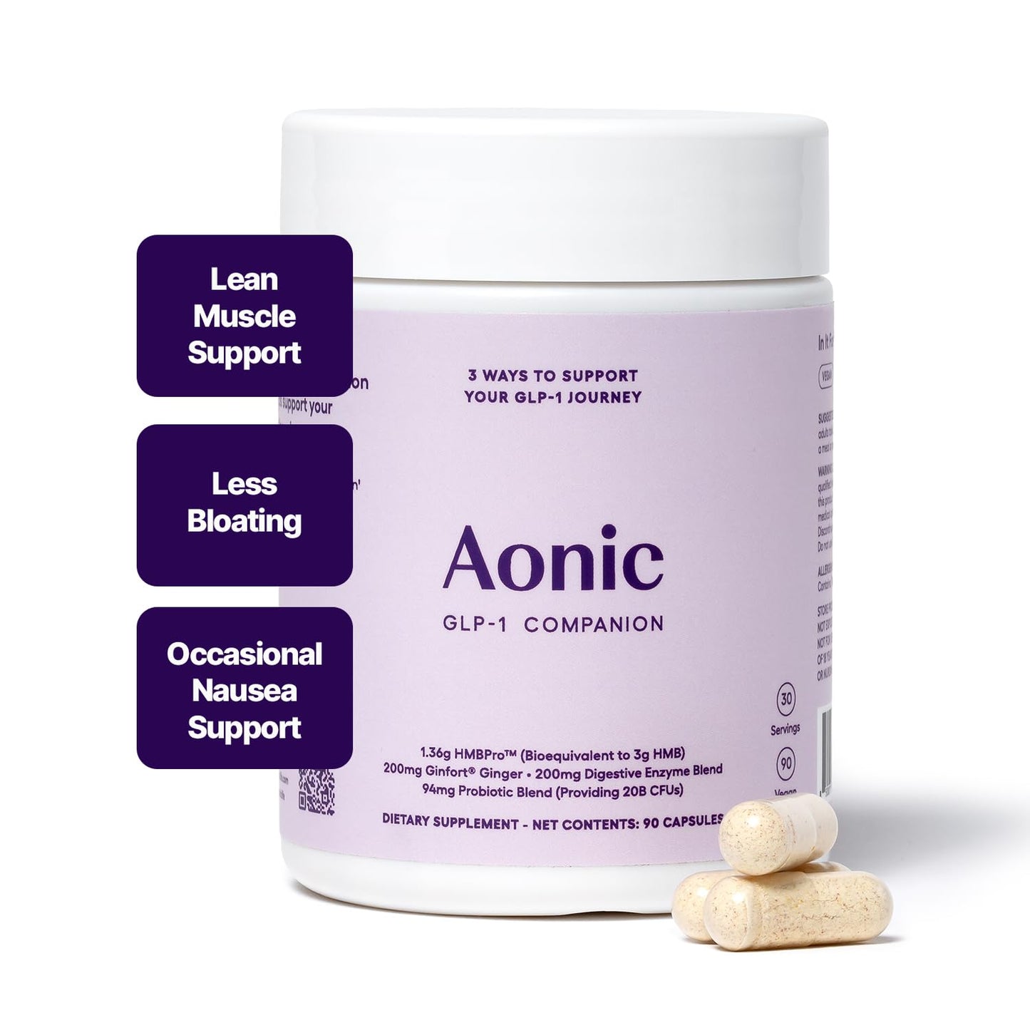 AONIC GLP-1 Companion Supplement HMBPro™ to Support Maintenance of Lean Muscle, Probiotic and Enzyme Blend to Support Digestion, Ginger Extract to Help Reduce Nausea and Bloating, 90 CAPSULES