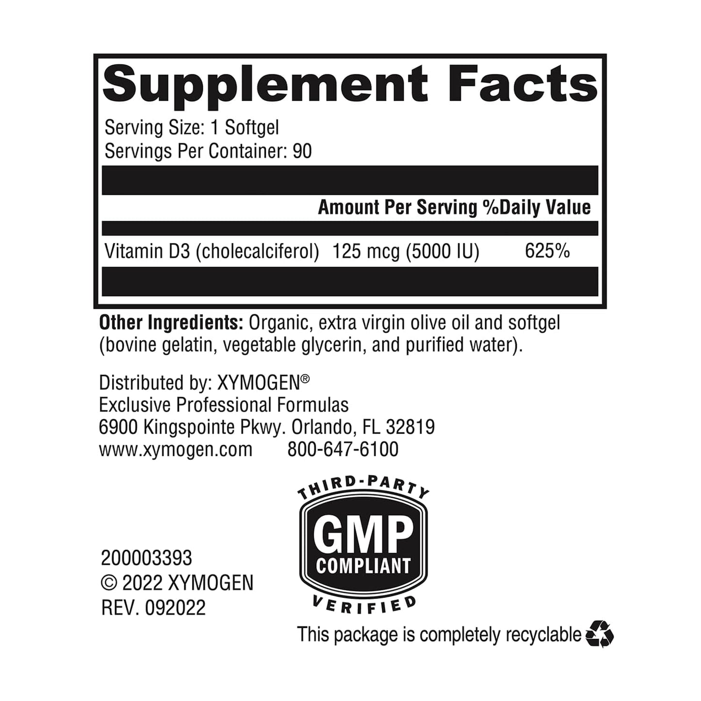 XYMOGEN Vitamin D3 5000 IU Softgels, 90 Softgels