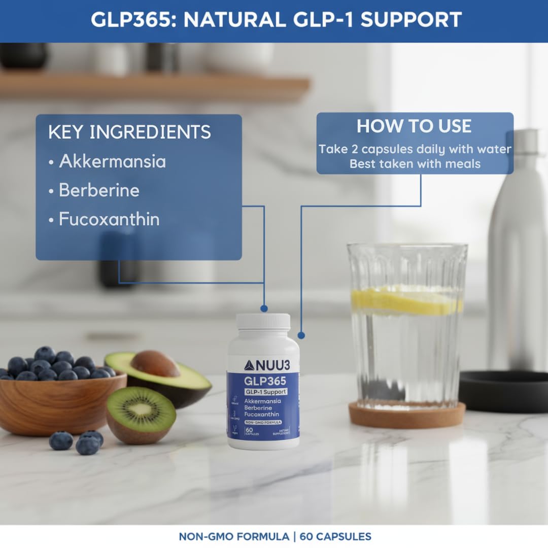 NUU3 GLP365 Natural GLP-1 Support Supplement with Berberine, Fucoxanthin, Akkermansia for Appetite, Blood Health & Cravings Control – Non-GMO, Keto Friendly, 60 Capsules