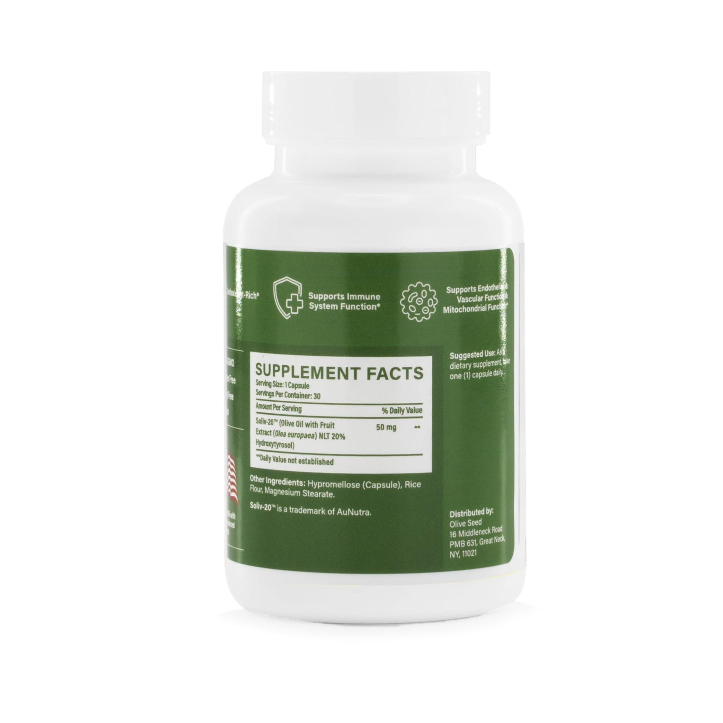 Olive Seed Olive Fruit Extract Supplement 50 mg - Standardized to 20% Hydroxytyrosol Capsule, 30 Count