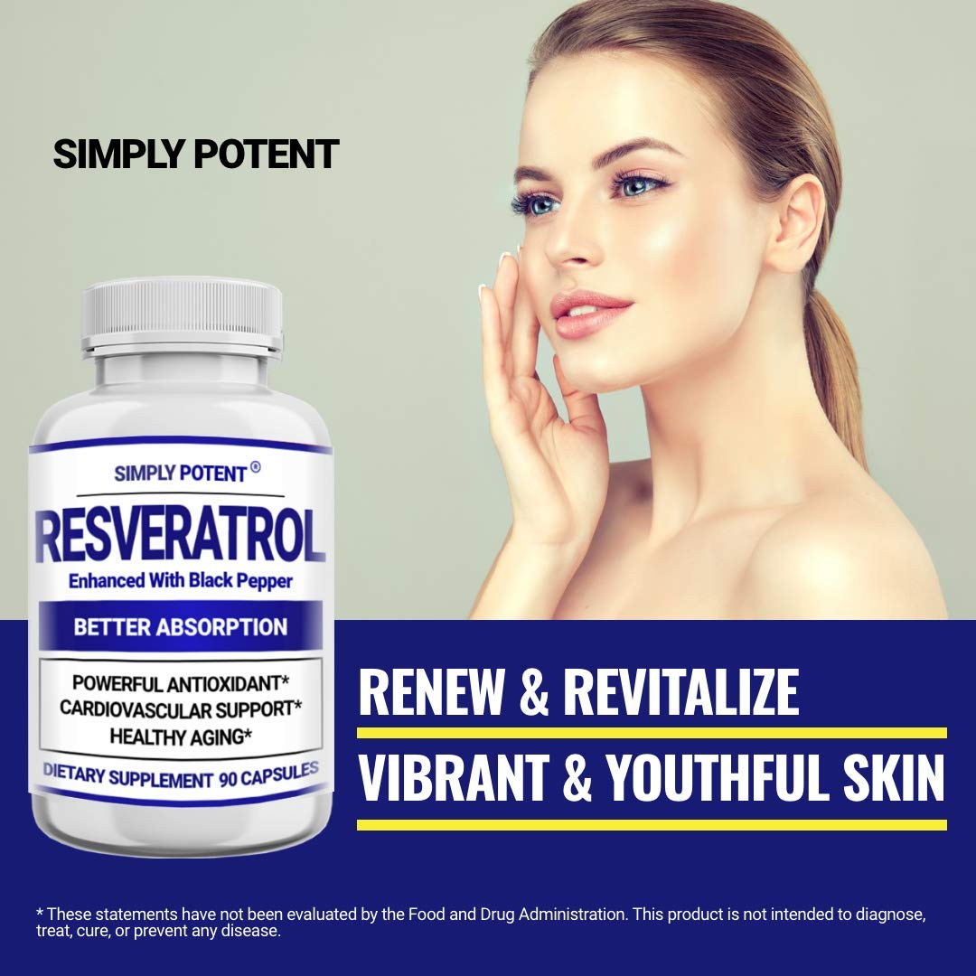Simply Potent Resveratrol 1000mg Supplement with Black Pepper for Max Absorption, 90 Capsules