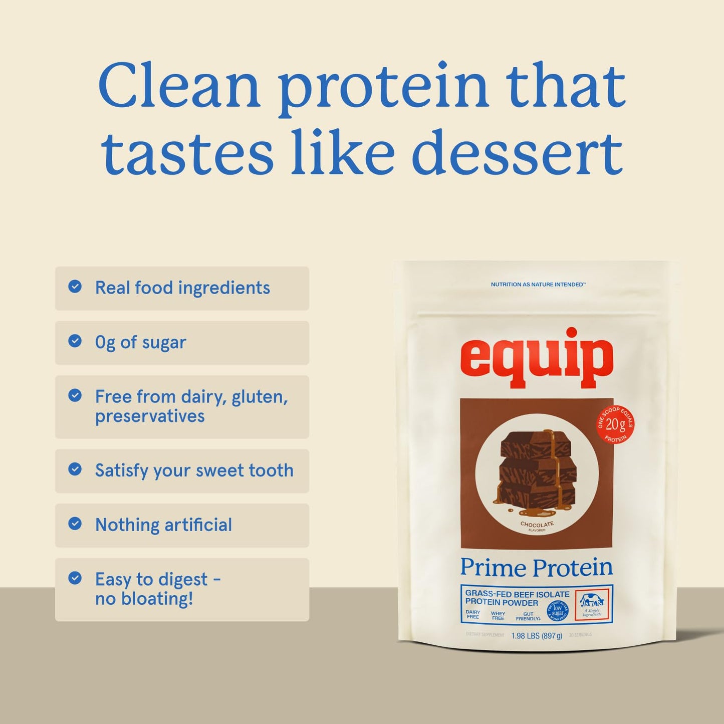 Equip Prime Protein Powder Beef Protein Isolate, 30 Servings, Chocolate (Low Sugar)